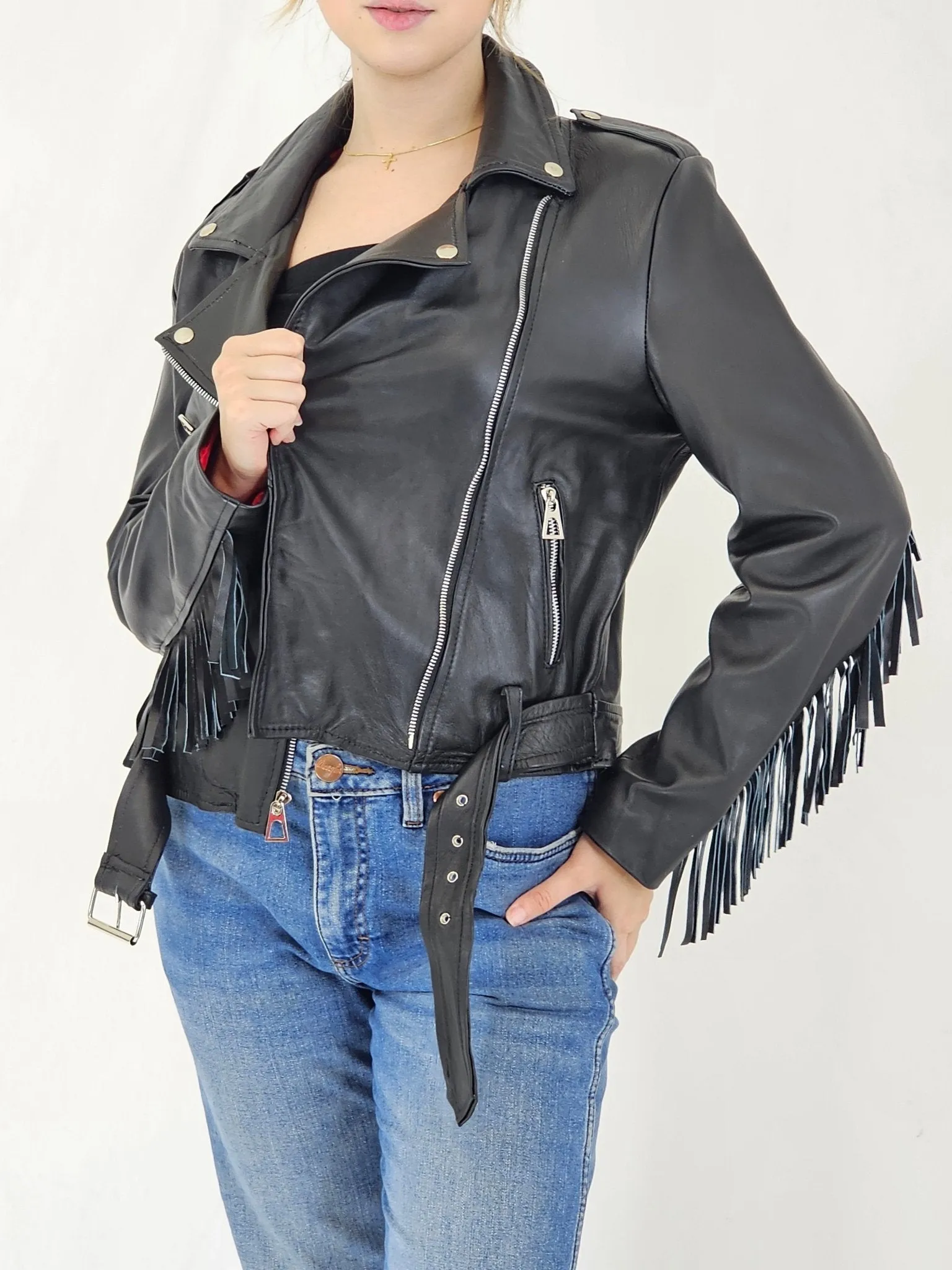 Handcrafted Women's Sheepskin Leather Biker Jacket – Premium Biker Style Black w/Fringes
