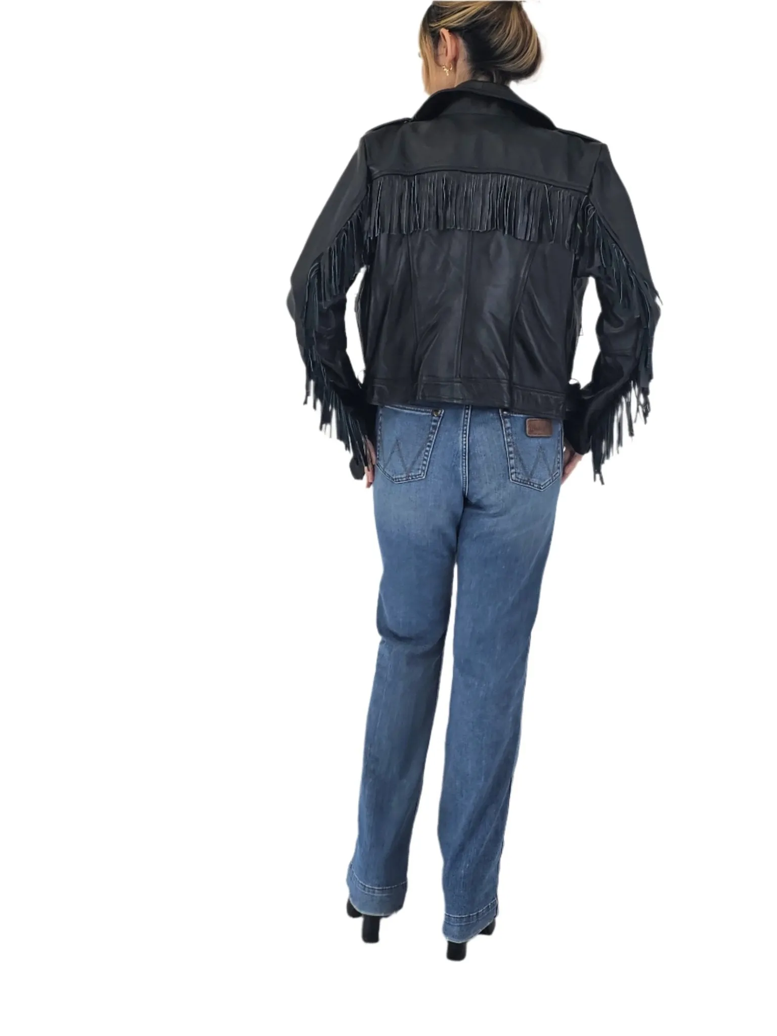 Handcrafted Women's Sheepskin Leather Biker Jacket – Premium Biker Style Black w/Fringes