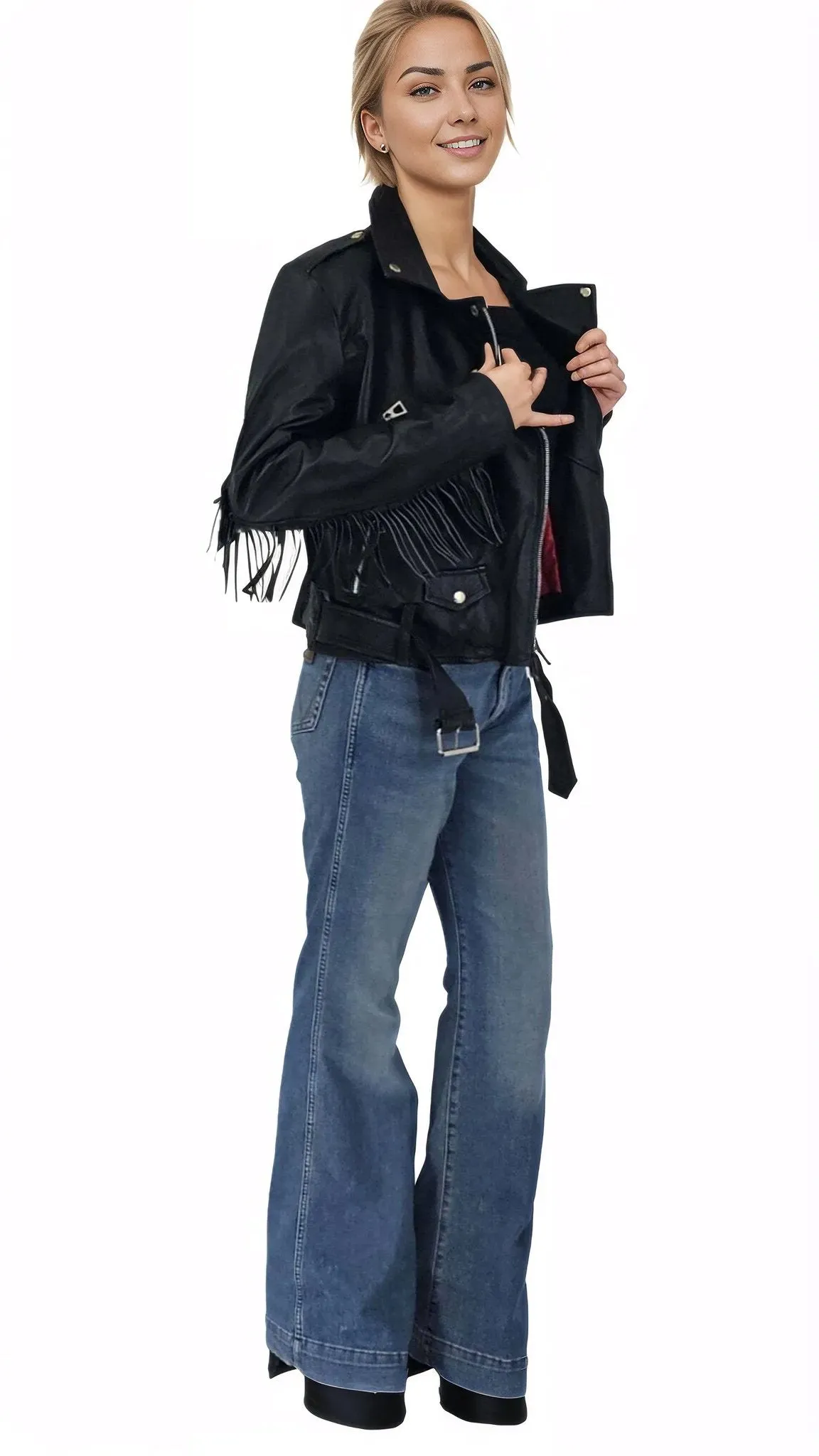 Handcrafted Women's Sheepskin Leather Biker Jacket – Premium Biker Style Black w/Fringes
