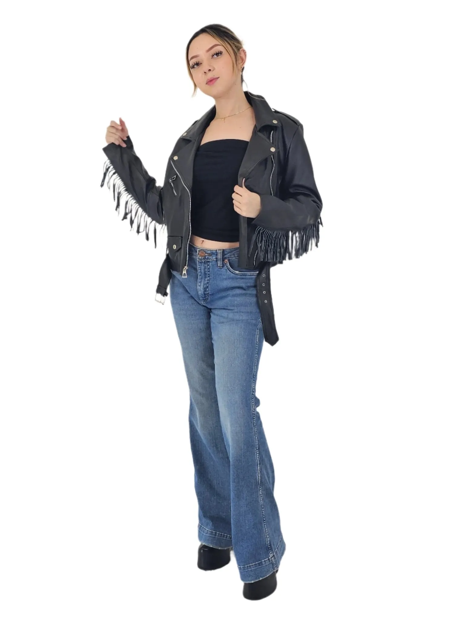 Handcrafted Women's Sheepskin Leather Biker Jacket – Premium Biker Style Black w/Fringes