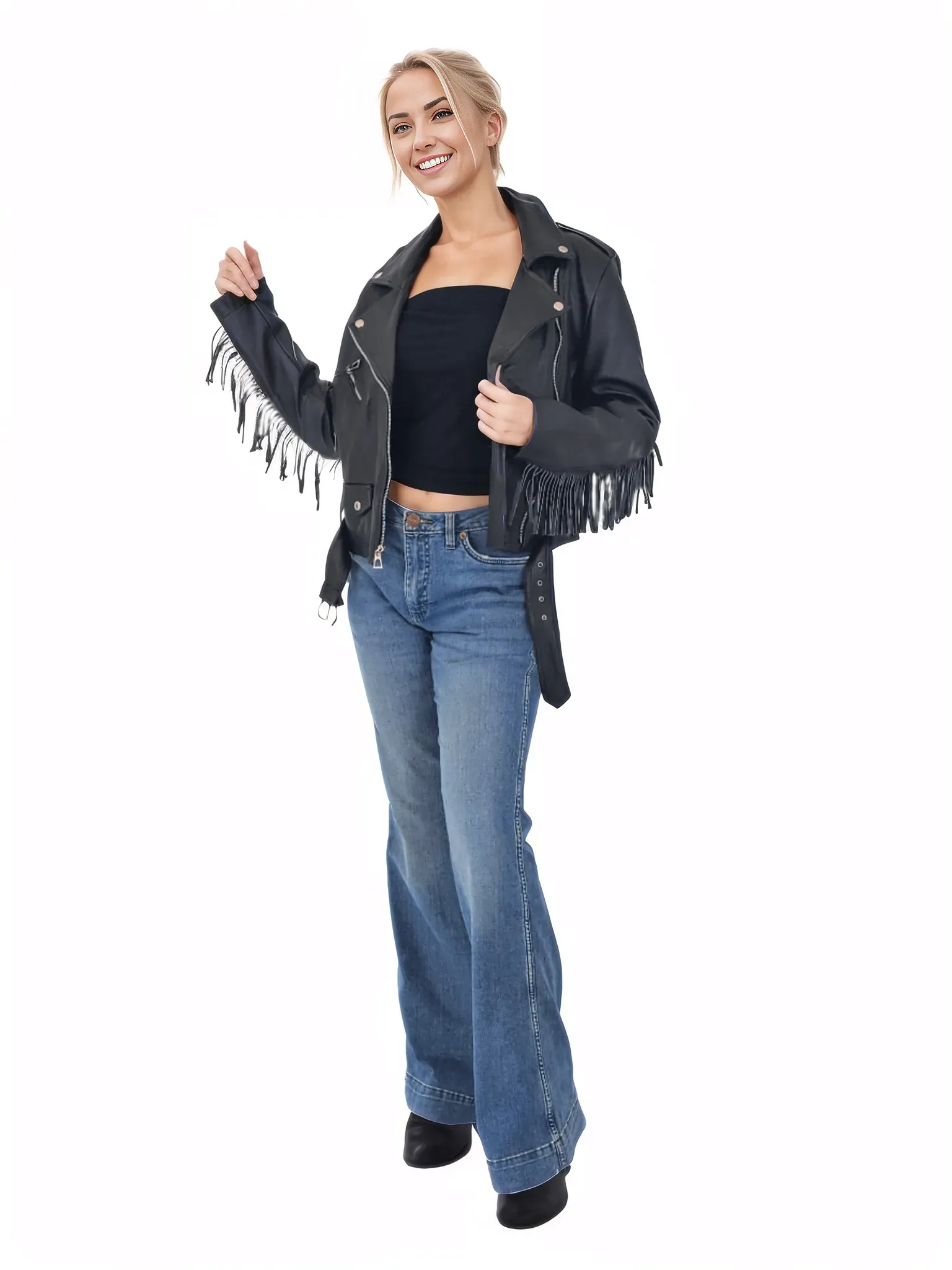 Handcrafted Women's Sheepskin Leather Biker Jacket – Premium Biker Style Black w/Fringes