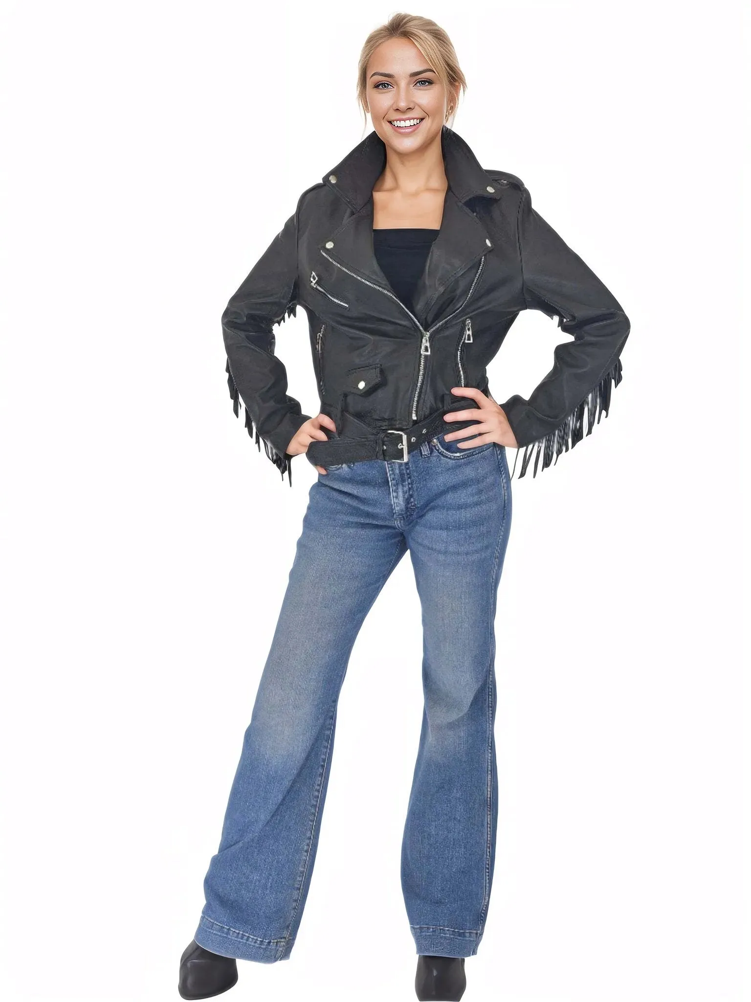 Handcrafted Women's Sheepskin Leather Biker Jacket – Premium Biker Style Black w/Fringes
