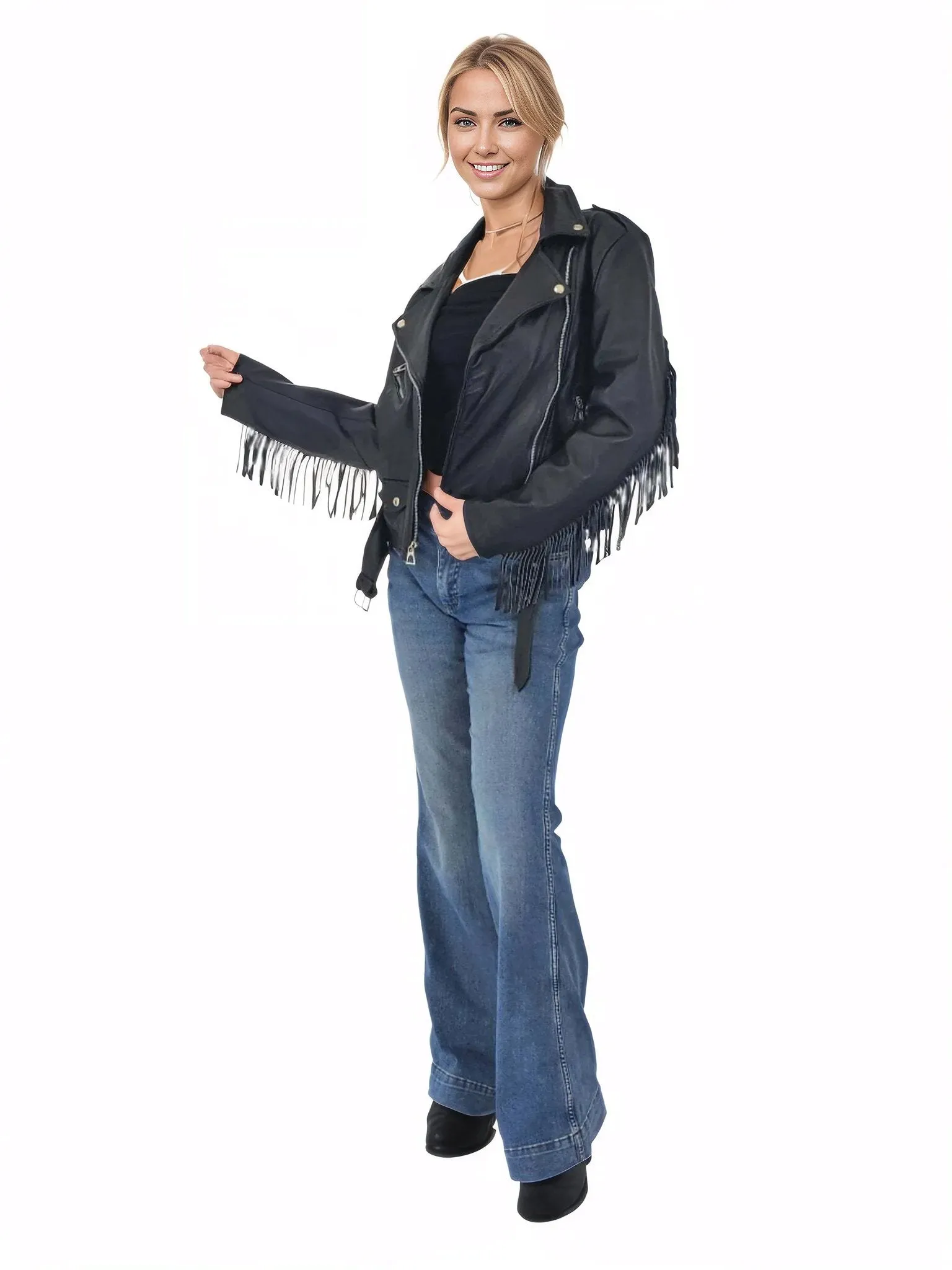 Handcrafted Women's Sheepskin Leather Biker Jacket – Premium Biker Style Black w/Fringes