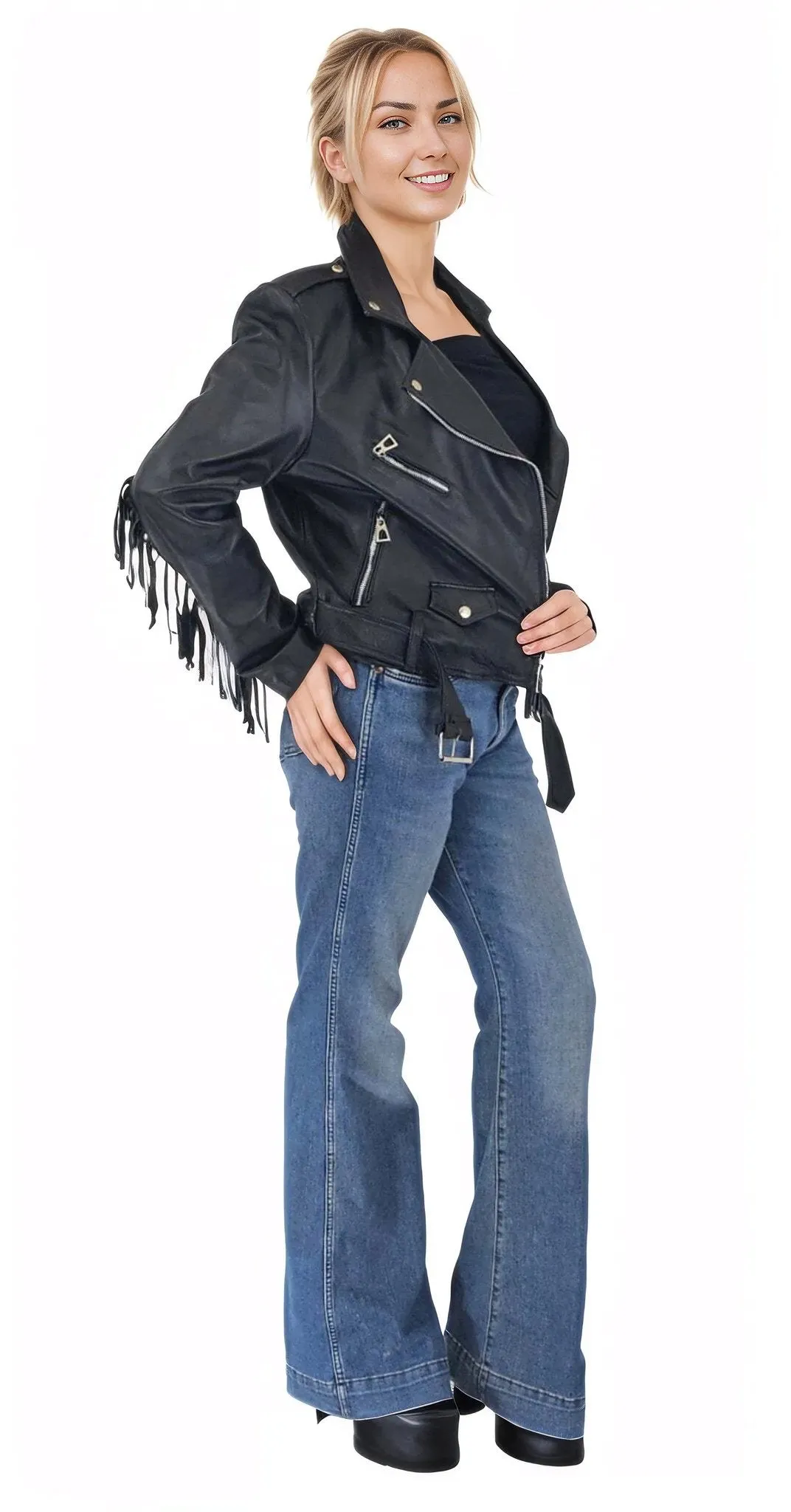 Handcrafted Women's Sheepskin Leather Biker Jacket – Premium Biker Style Black w/Fringes