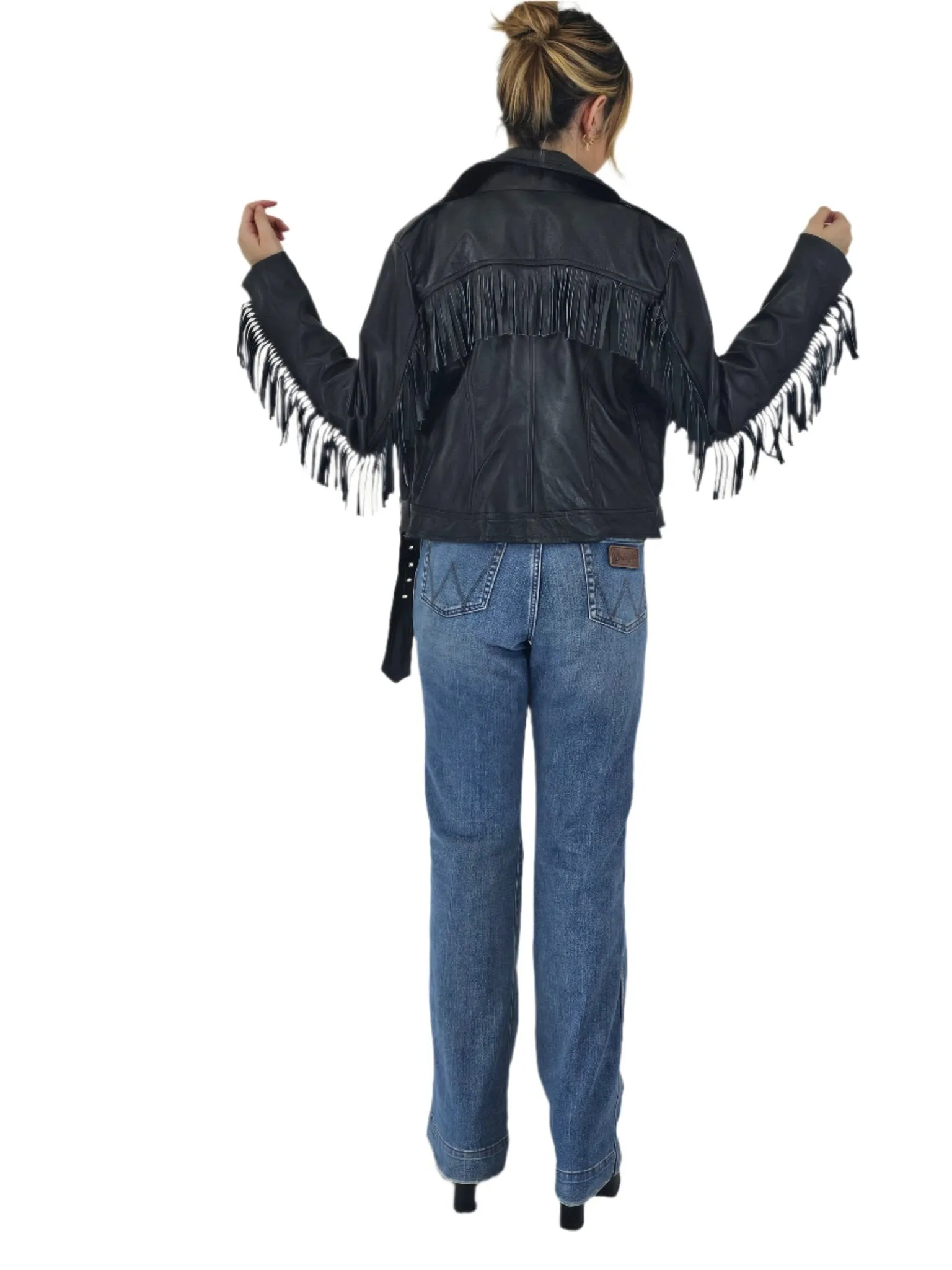 Handcrafted Women's Sheepskin Leather Biker Jacket – Premium Biker Style Black w/Fringes