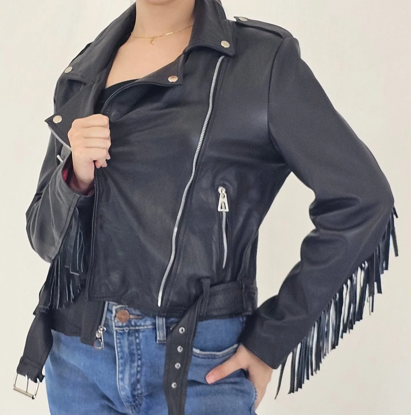 Handcrafted Women's Sheepskin Leather Biker Jacket – Premium Biker Style Black w/Fringes