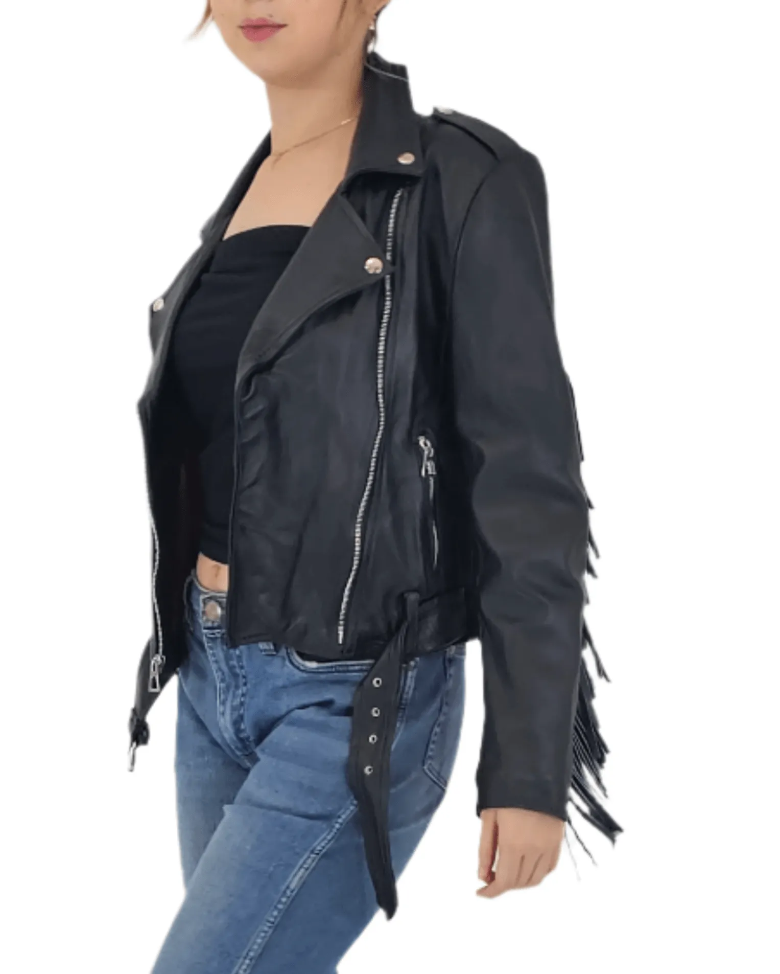 Handcrafted Women's Sheepskin Leather Biker Jacket – Premium Biker Style Black w/Fringes