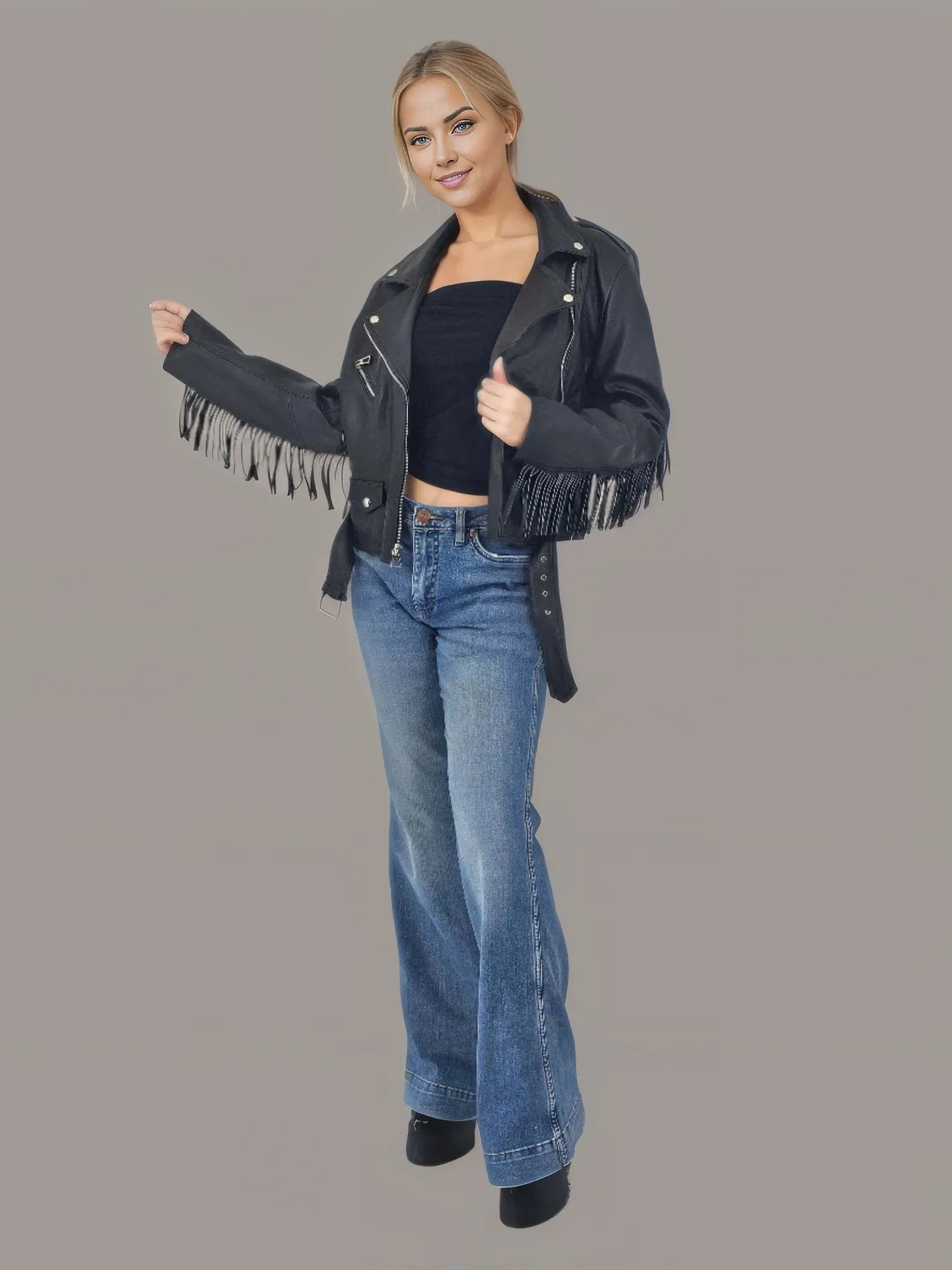Handcrafted Women's Sheepskin Leather Biker Jacket – Premium Biker Style Black w/Fringes