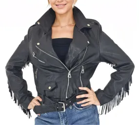 Handcrafted Women's Sheepskin Leather Biker Jacket – Premium Biker Style Black w/Fringes