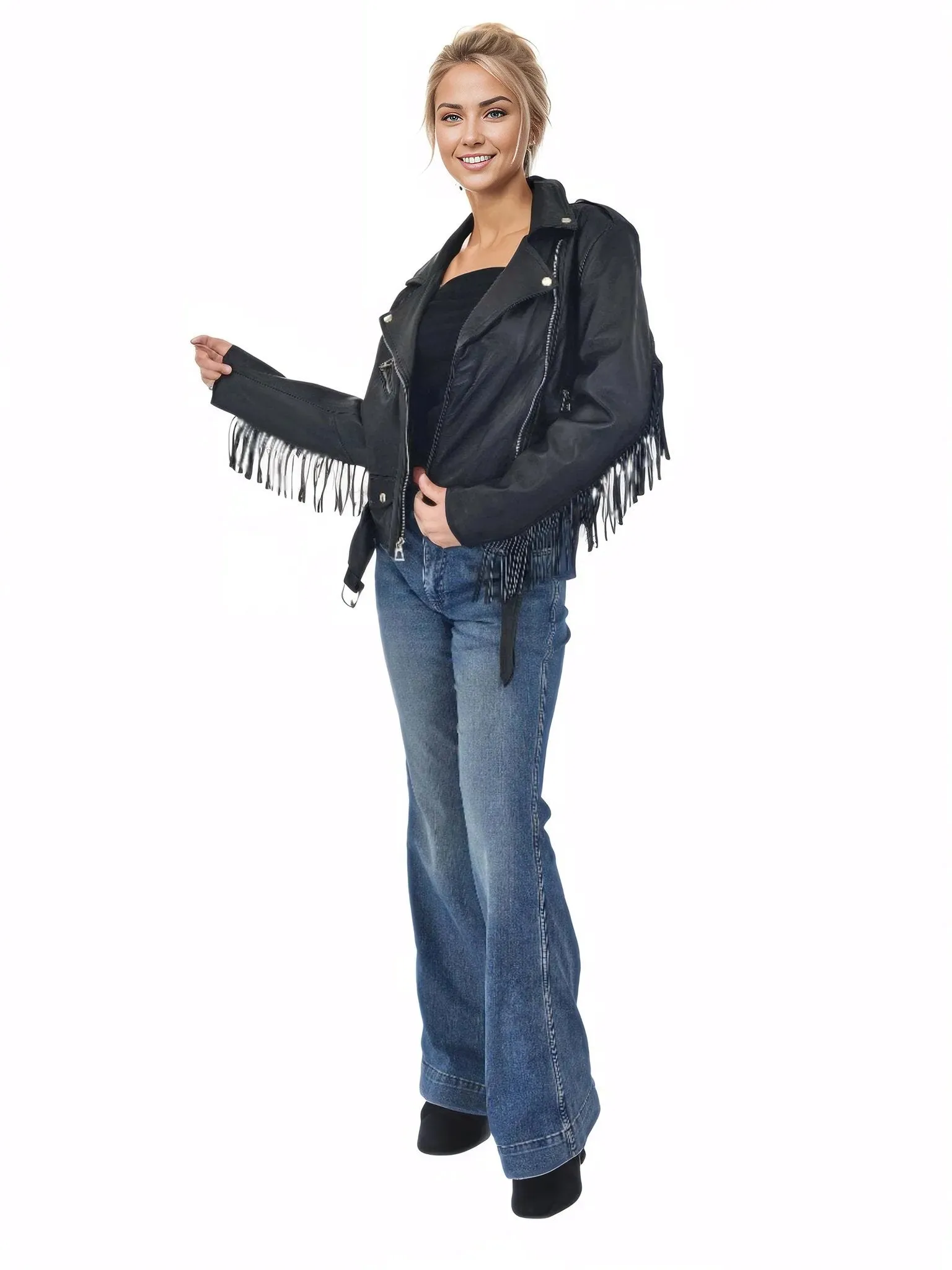 Handcrafted Women's Sheepskin Leather Biker Jacket – Premium Biker Style Black w/Fringes