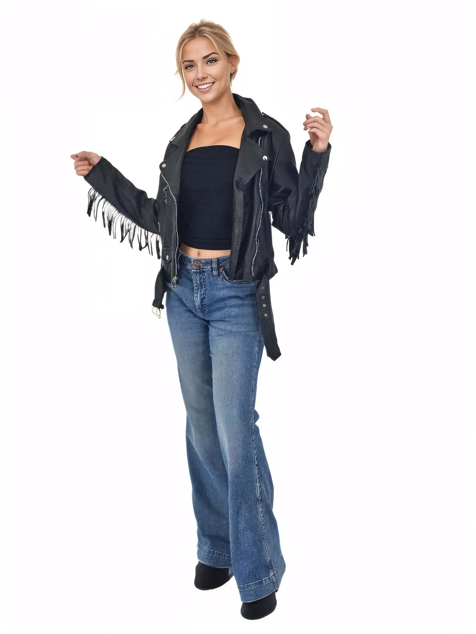 Handcrafted Women's Sheepskin Leather Biker Jacket – Premium Biker Style Black w/Fringes