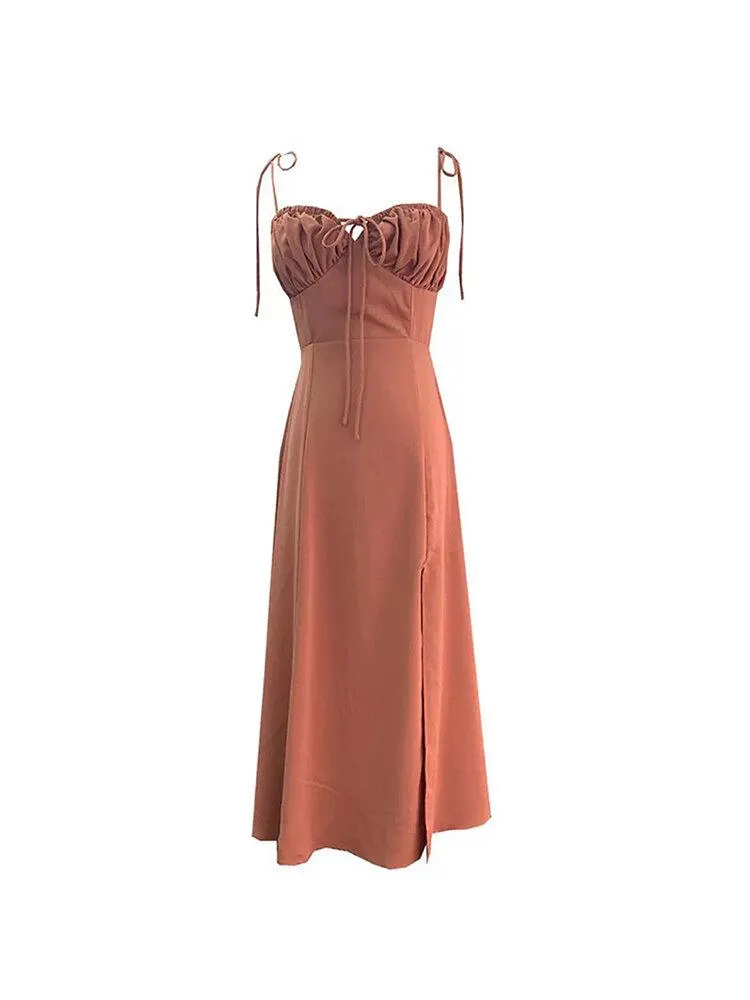 High-class elegant clay slit slip retro vintage bustier dress - WB