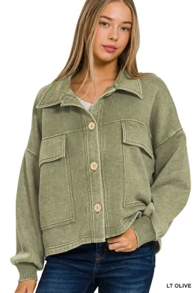 Immerse Yourself Light Olive Cropped Acid Wash Shacket (Size L/XL)