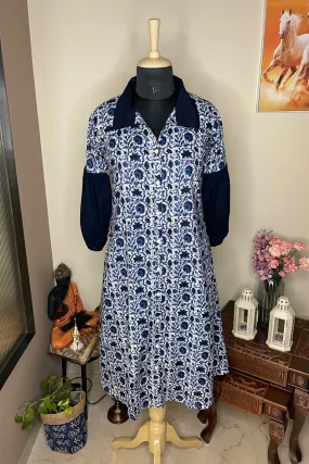 Joanna - Denim Blue Floral Printed Shirt Midi Dress
