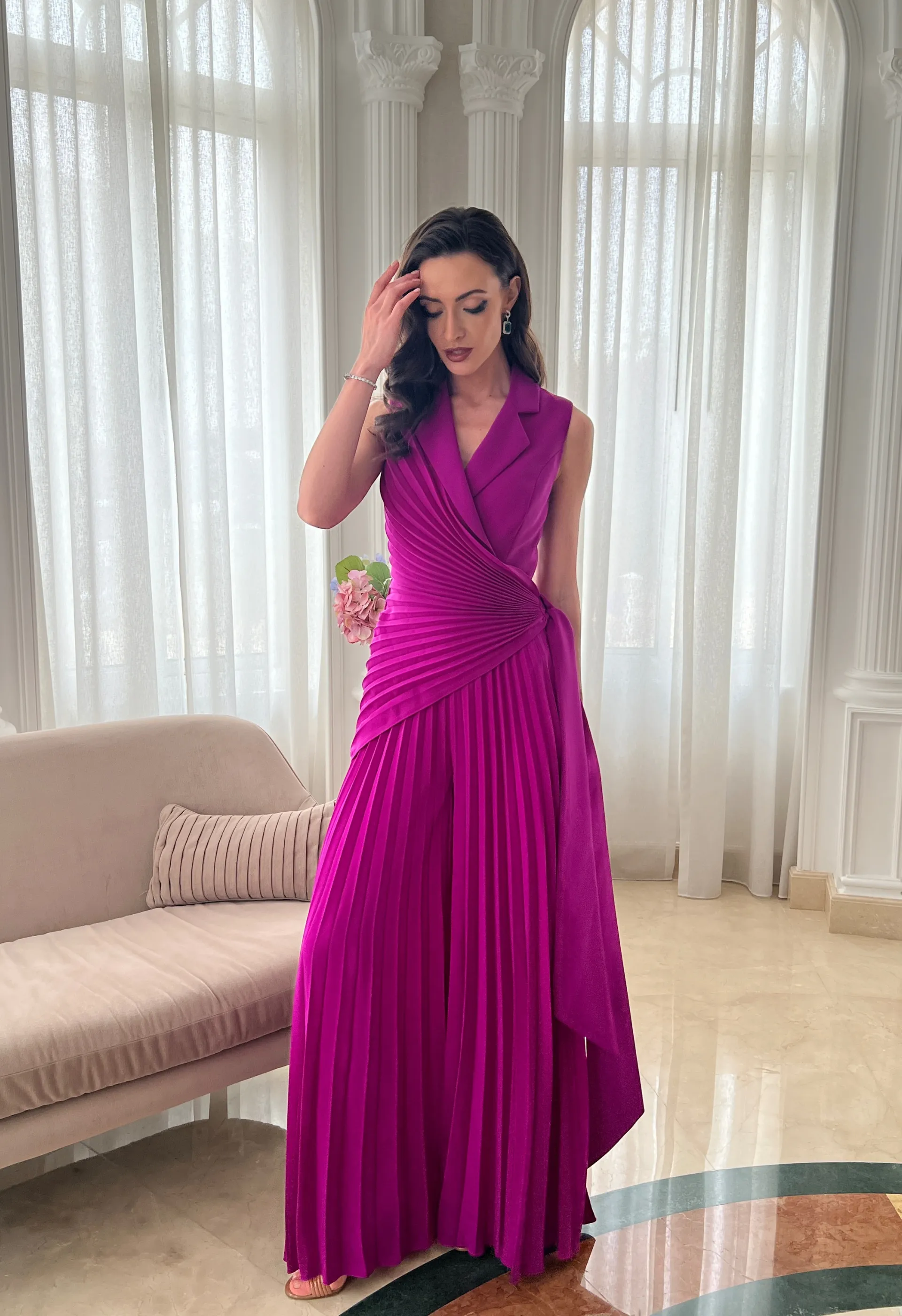 Jumpsuit in pleated crepe in purple