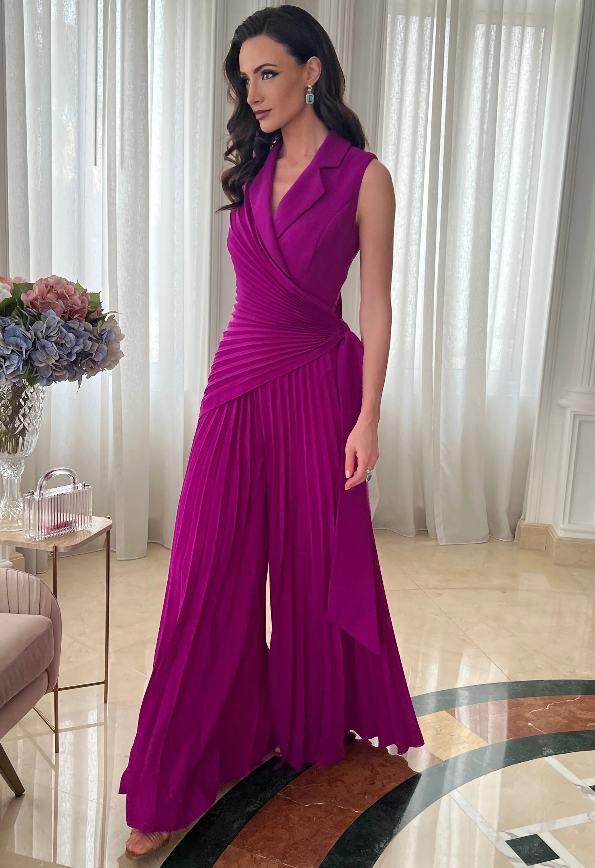 Jumpsuit in pleated crepe in purple