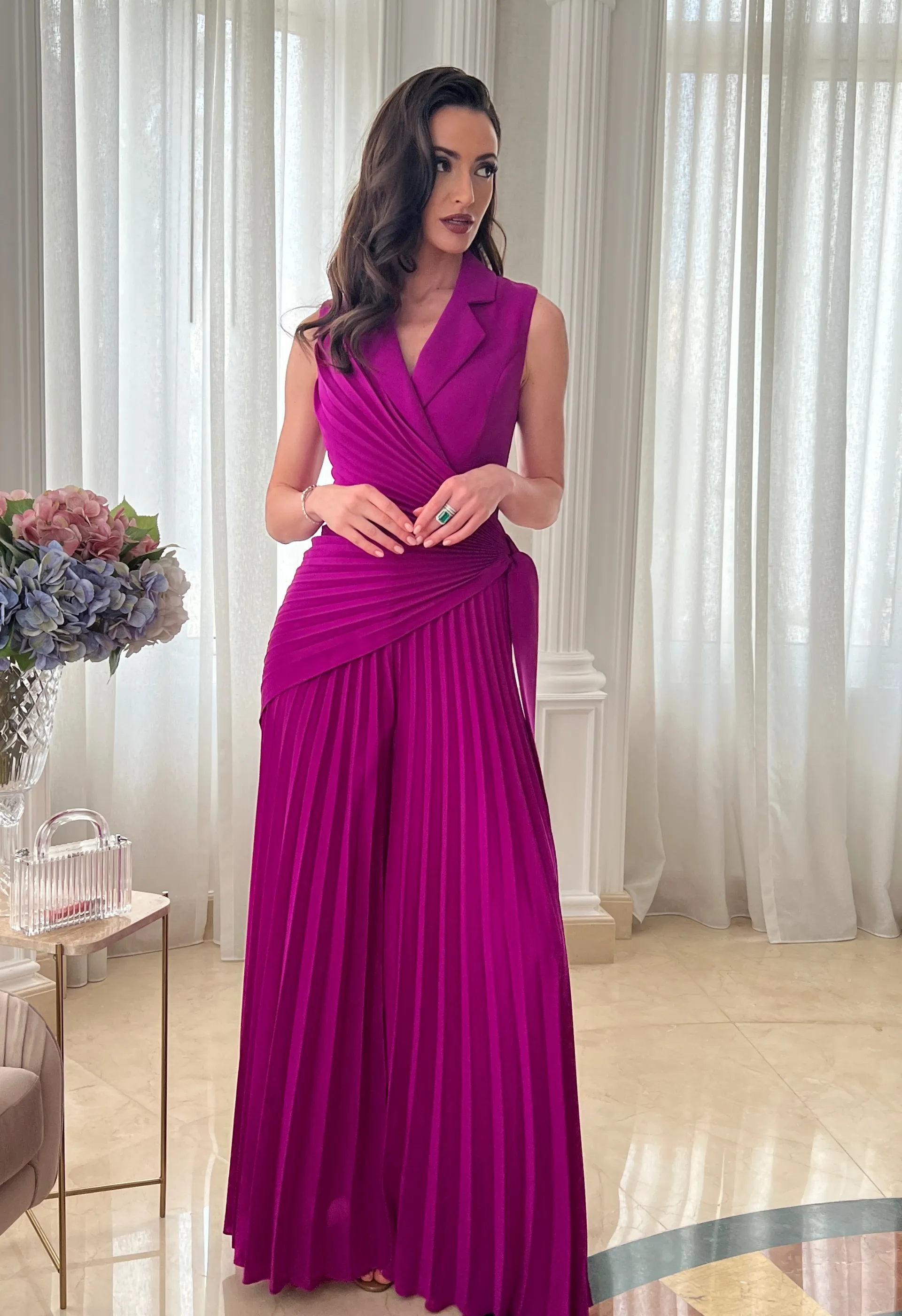 Jumpsuit in pleated crepe in purple