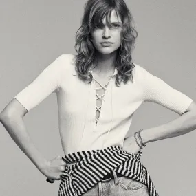 Lace Up Sweater Polo Top | Off White