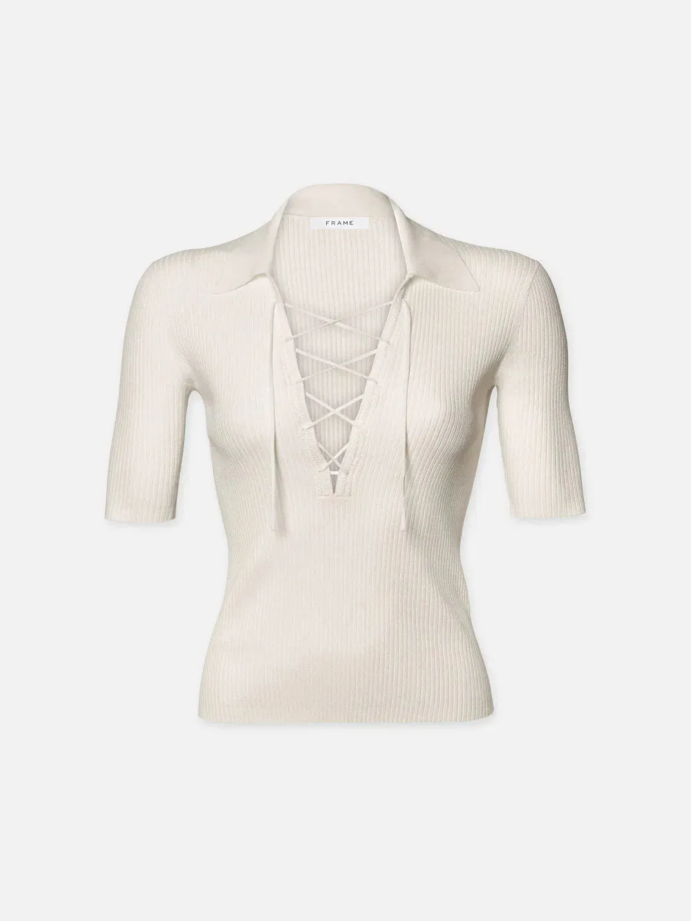 Lace Up Sweater Polo Top | Off White