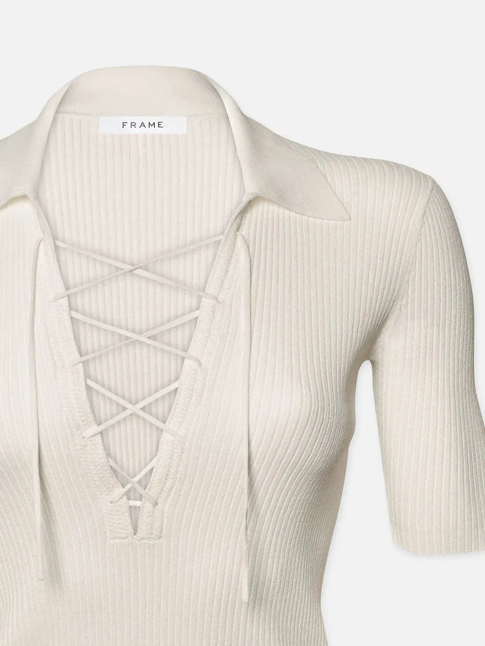 Lace Up Sweater Polo Top | Off White