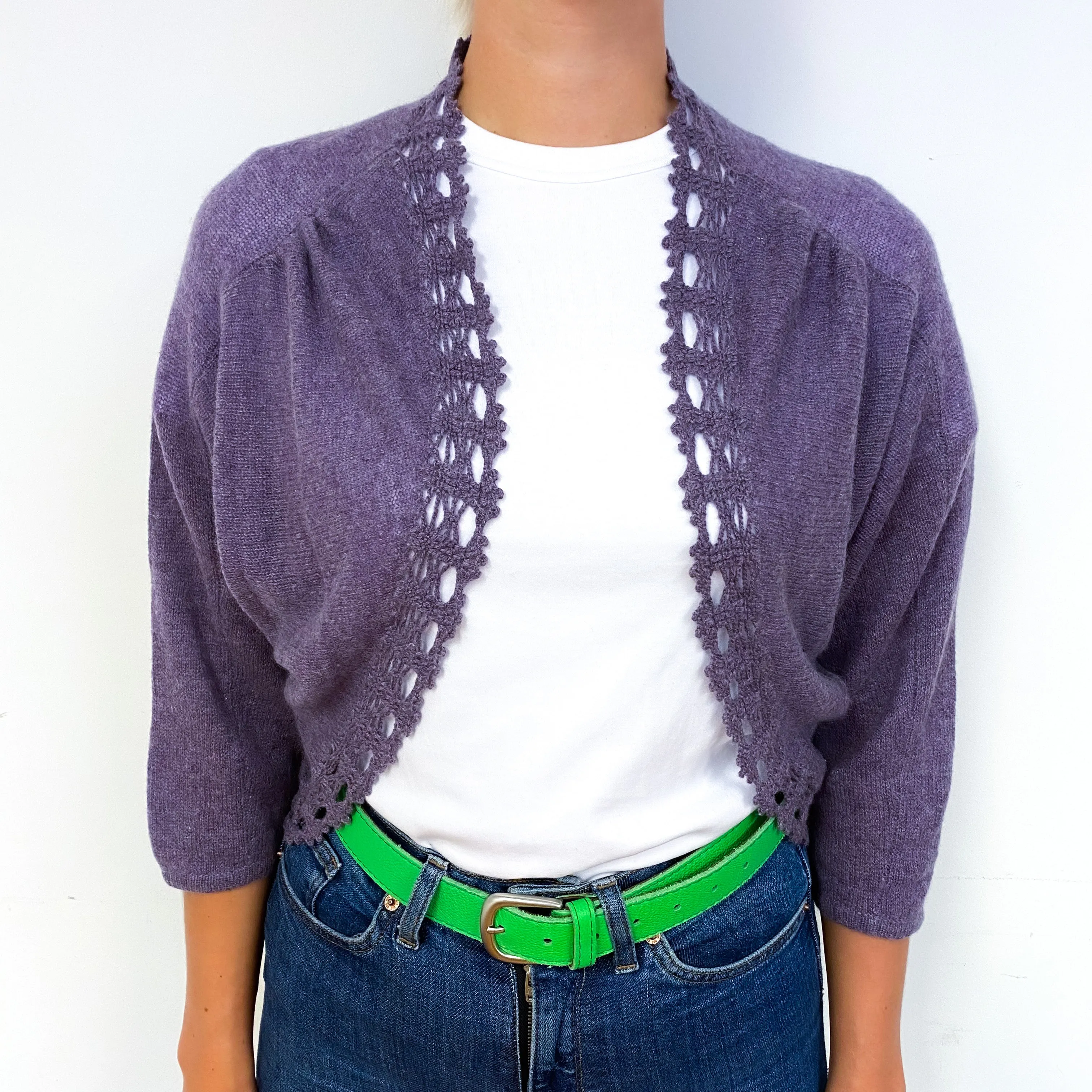Lavender Purple Crochet Trimmed Cashmere Batwing Cardigan Small