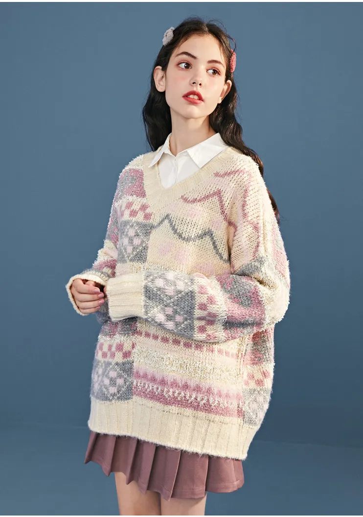 LEDDIN VINTAGE INSPIRED OVERSIZED V NECK JUMPER