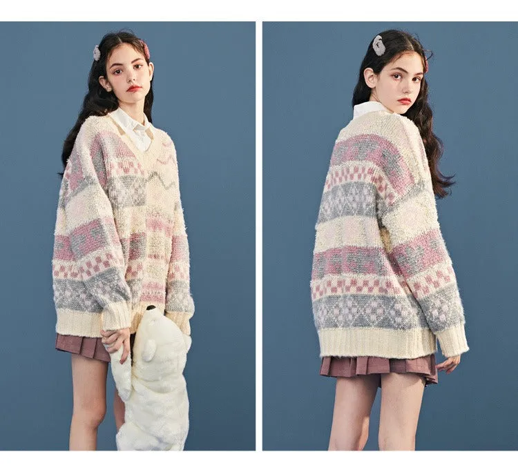 LEDDIN VINTAGE INSPIRED OVERSIZED V NECK JUMPER