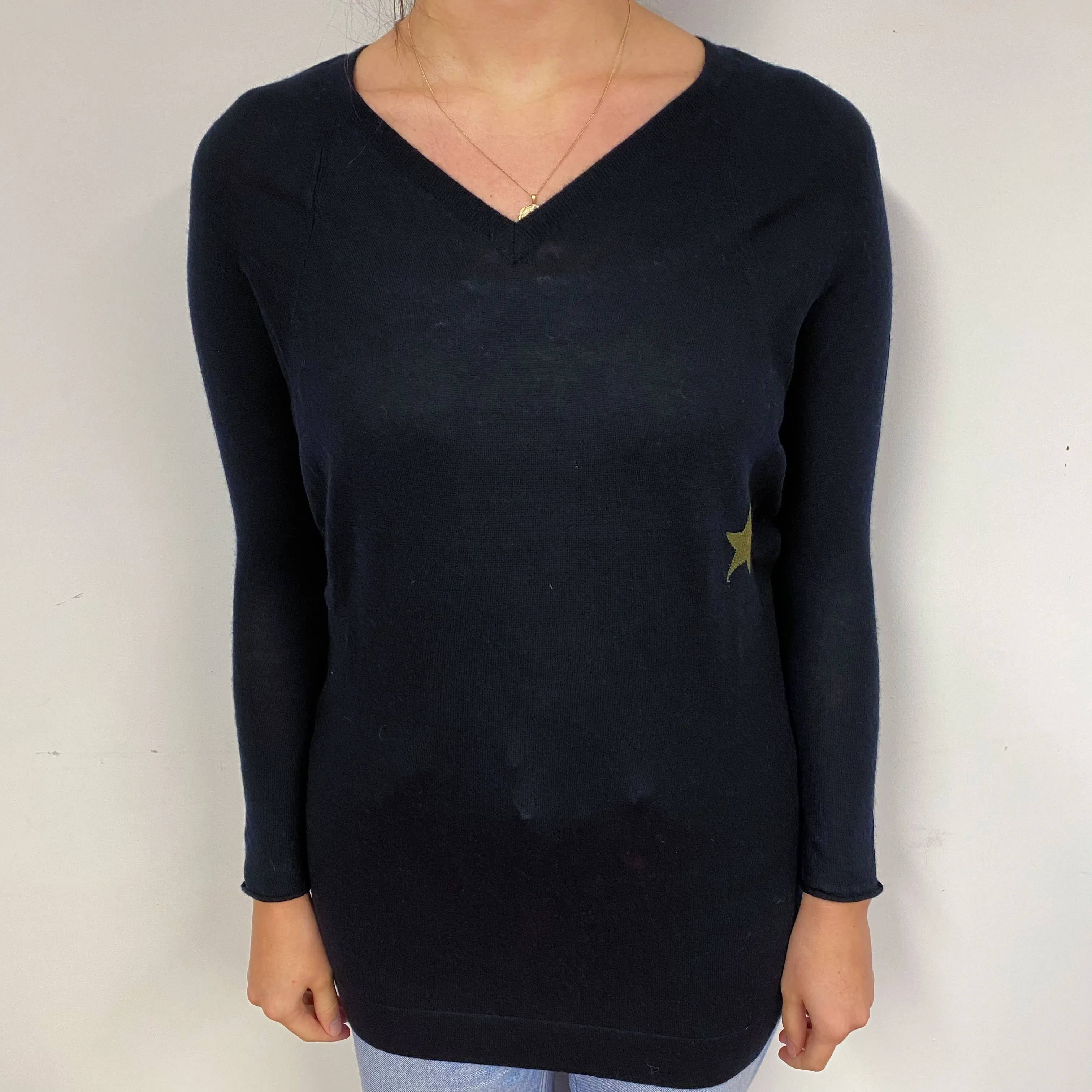 Lightweight Black Longline Cashmere V-Neck Jumper Small