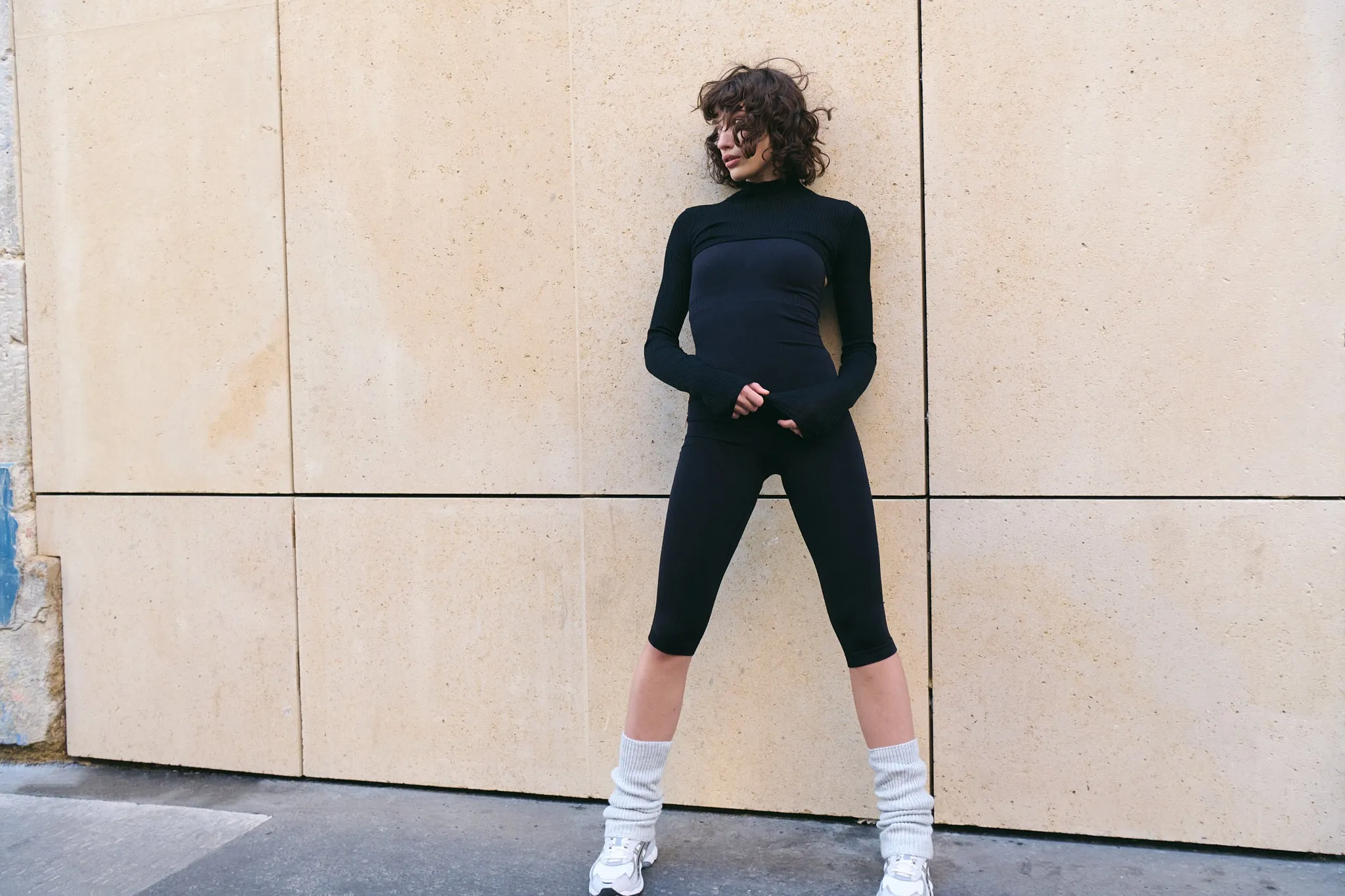 Long sleeve turtle neck cotton knit micro crop top