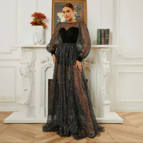 Long Sleeved Round Neck Sequin Lace Evening Dress