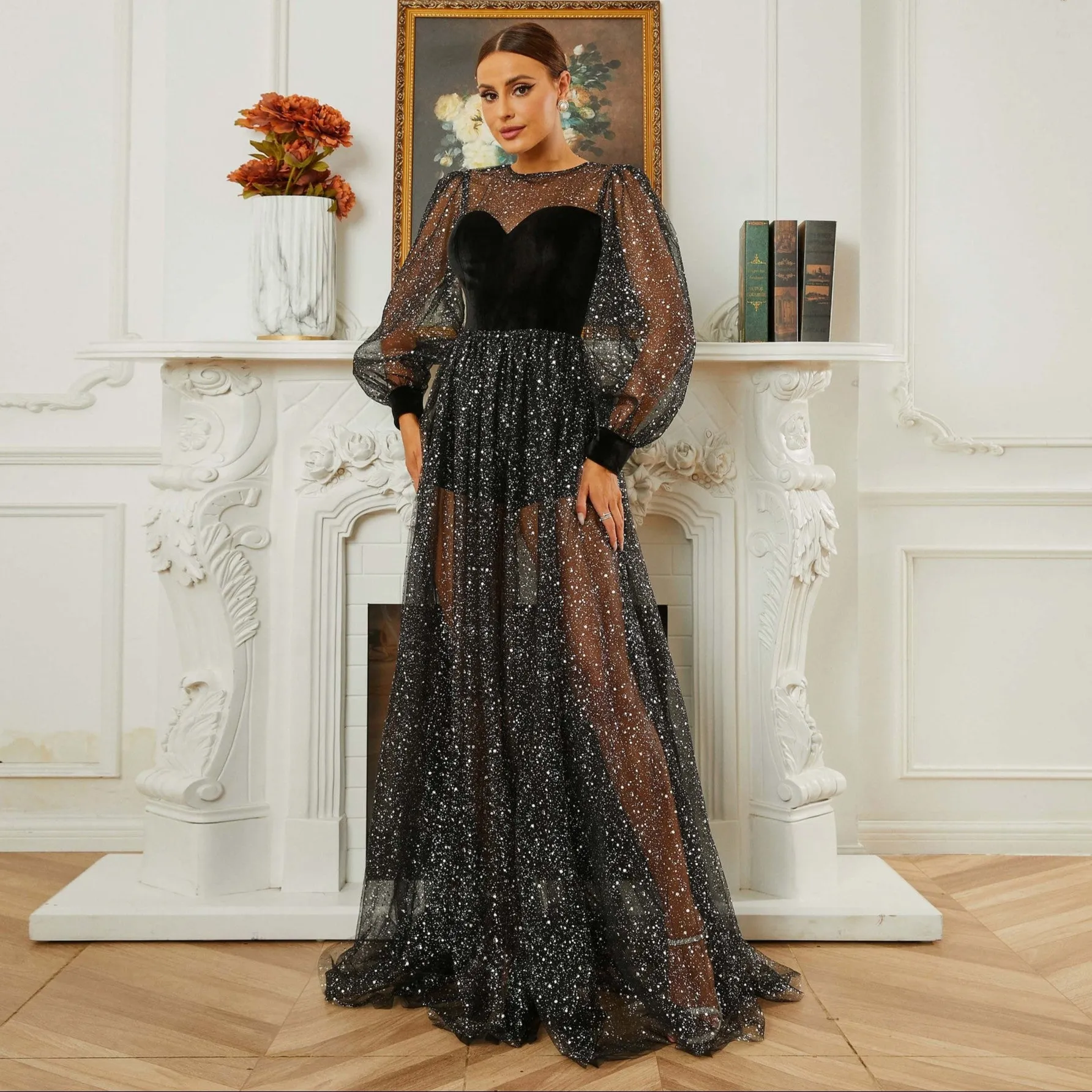 Long Sleeved Round Neck Sequin Lace Evening Dress