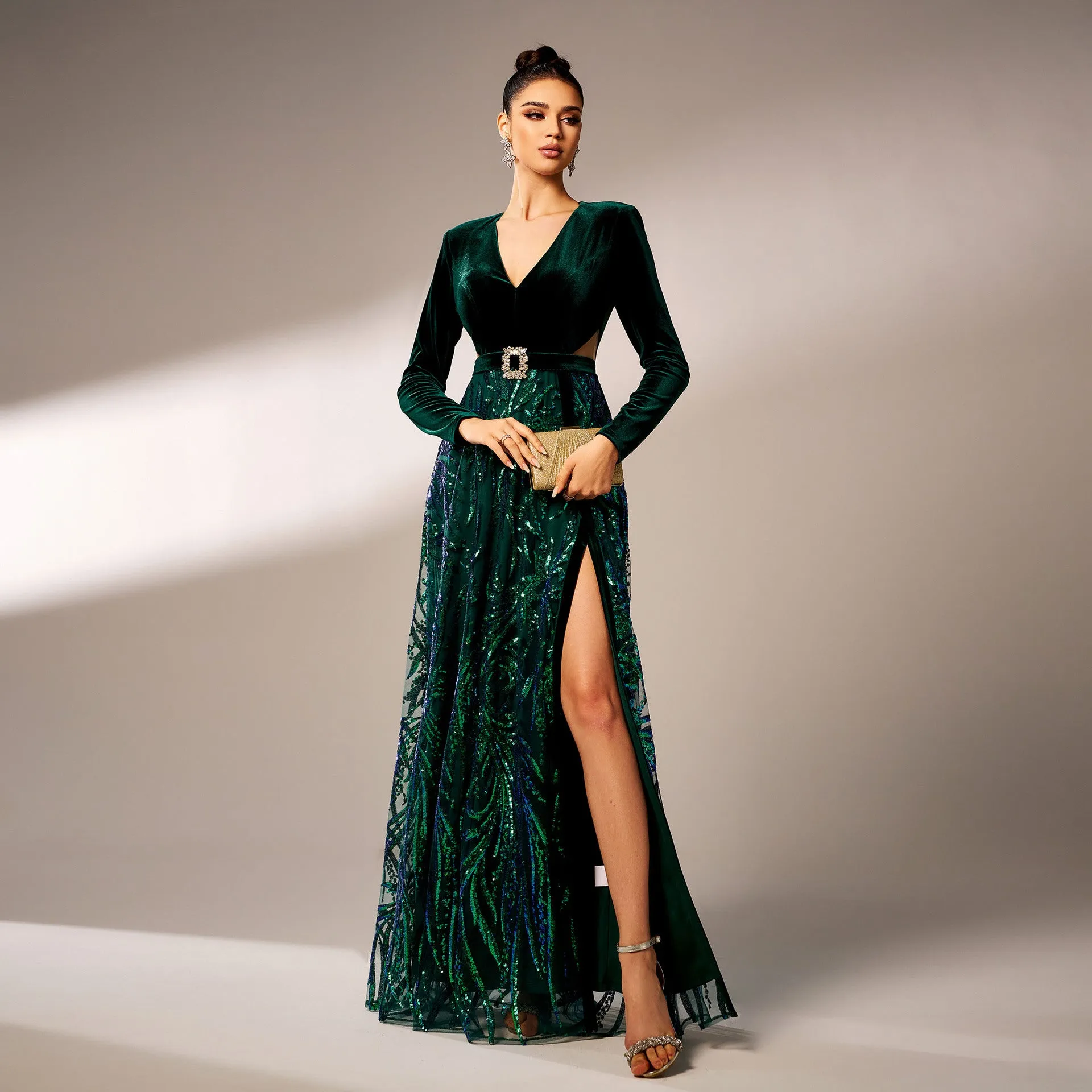 Long Sleeved V Neck Sequined Split Green Evening Dress