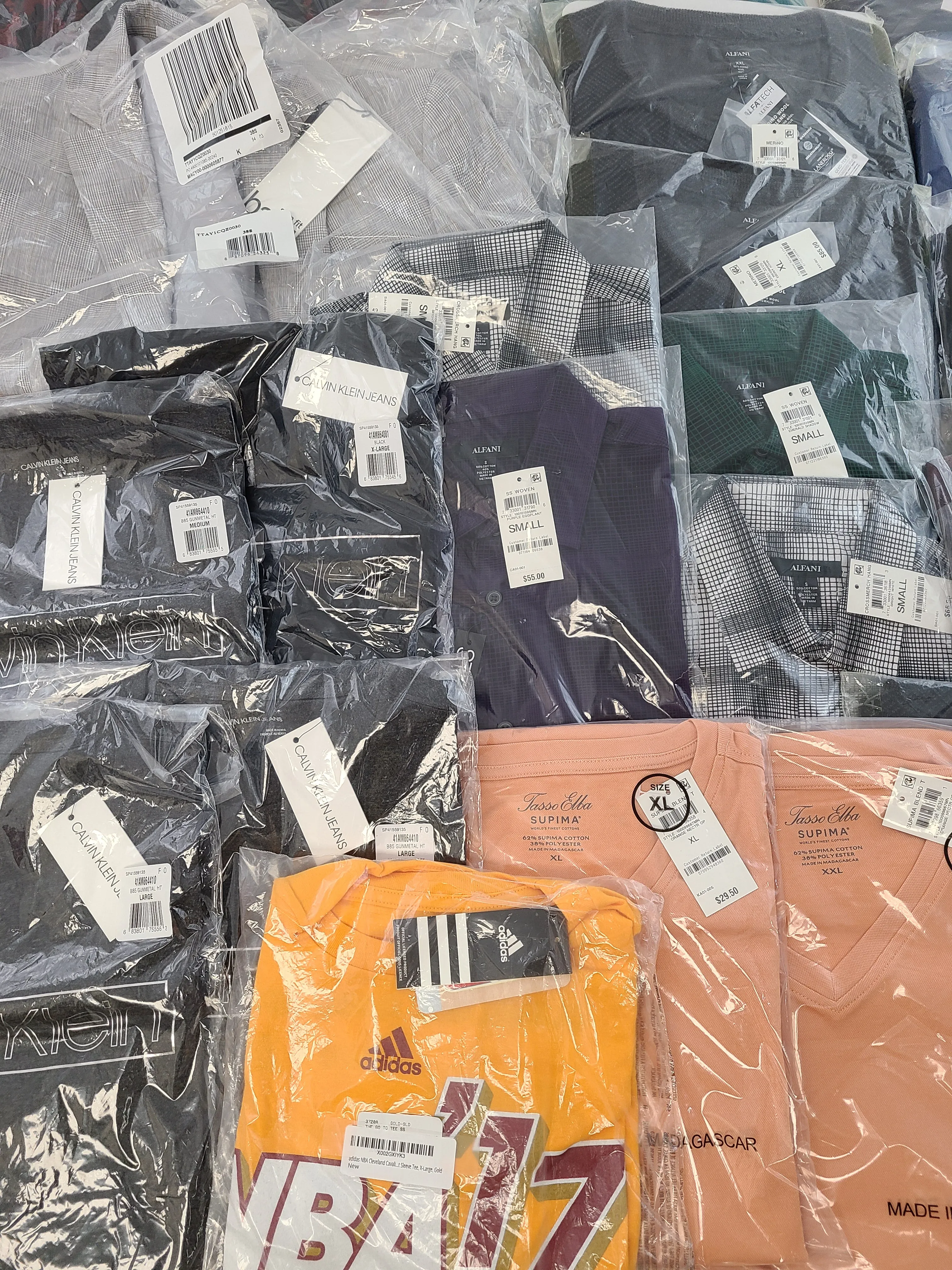 Men's Clothing Wholesale Lot Calvin Klein, Adidas, Tasso Elba, Club Room, Alfani, Bar lll, INC and more, 25 Units, New, MSRP $1,612.48