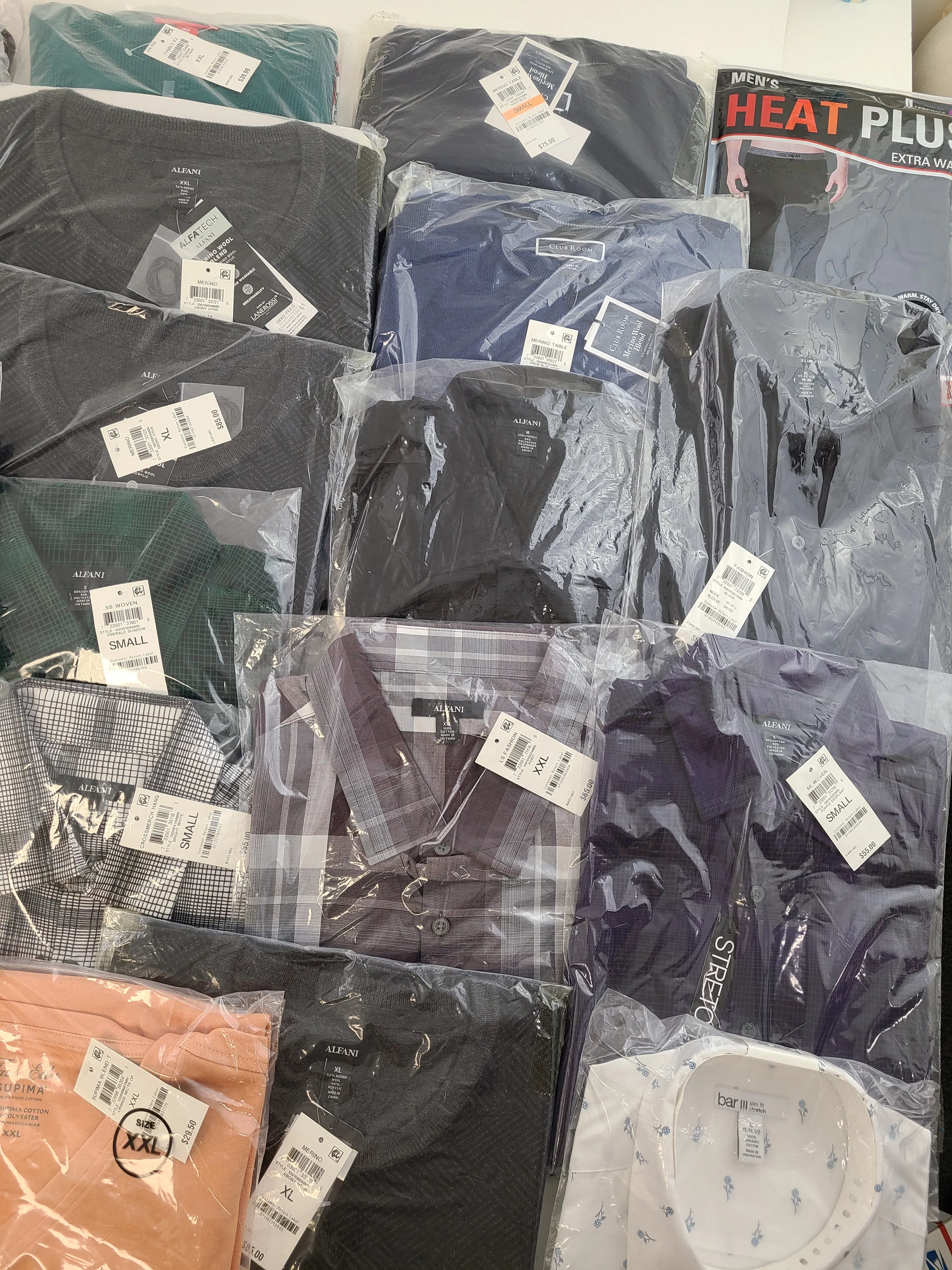 Men's Clothing Wholesale Lot Calvin Klein, Adidas, Tasso Elba, Club Room, Alfani, Bar lll, INC and more, 25 Units, New, MSRP $1,612.48