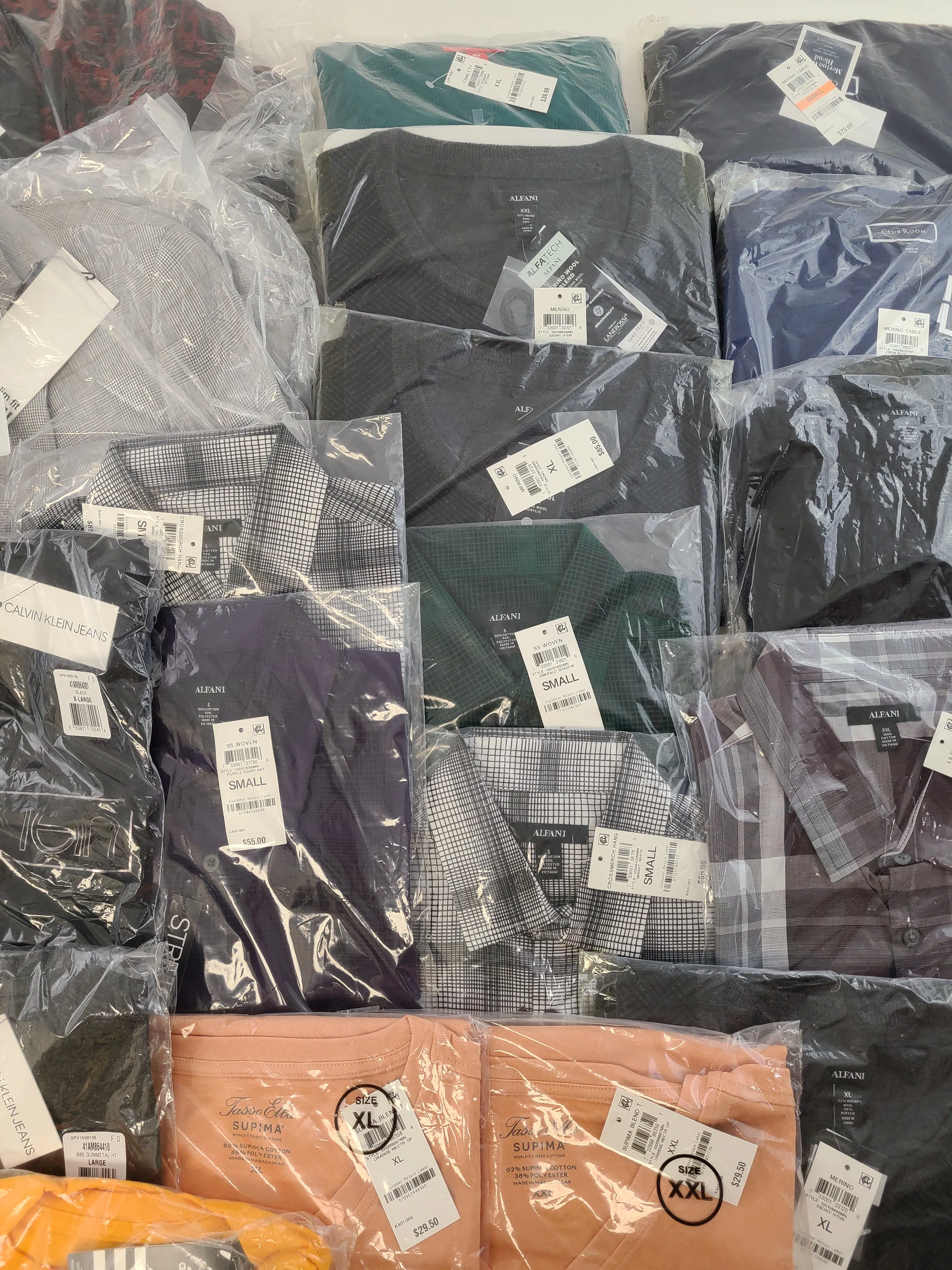 Men's Clothing Wholesale Lot Calvin Klein, Adidas, Tasso Elba, Club Room, Alfani, Bar lll, INC and more, 25 Units, New, MSRP $1,612.48
