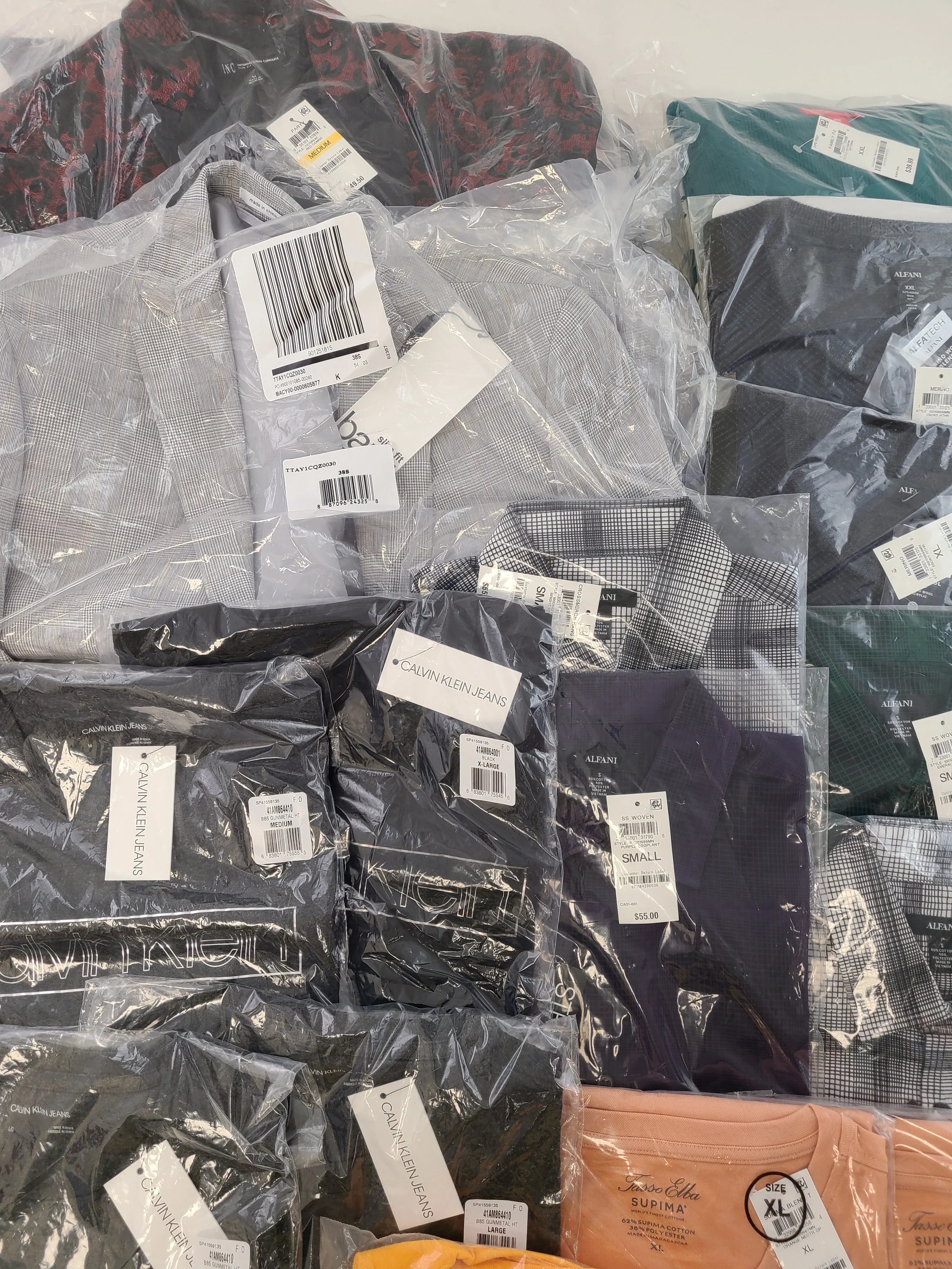 Men's Clothing Wholesale Lot Calvin Klein, Adidas, Tasso Elba, Club Room, Alfani, Bar lll, INC and more, 25 Units, New, MSRP $1,612.48