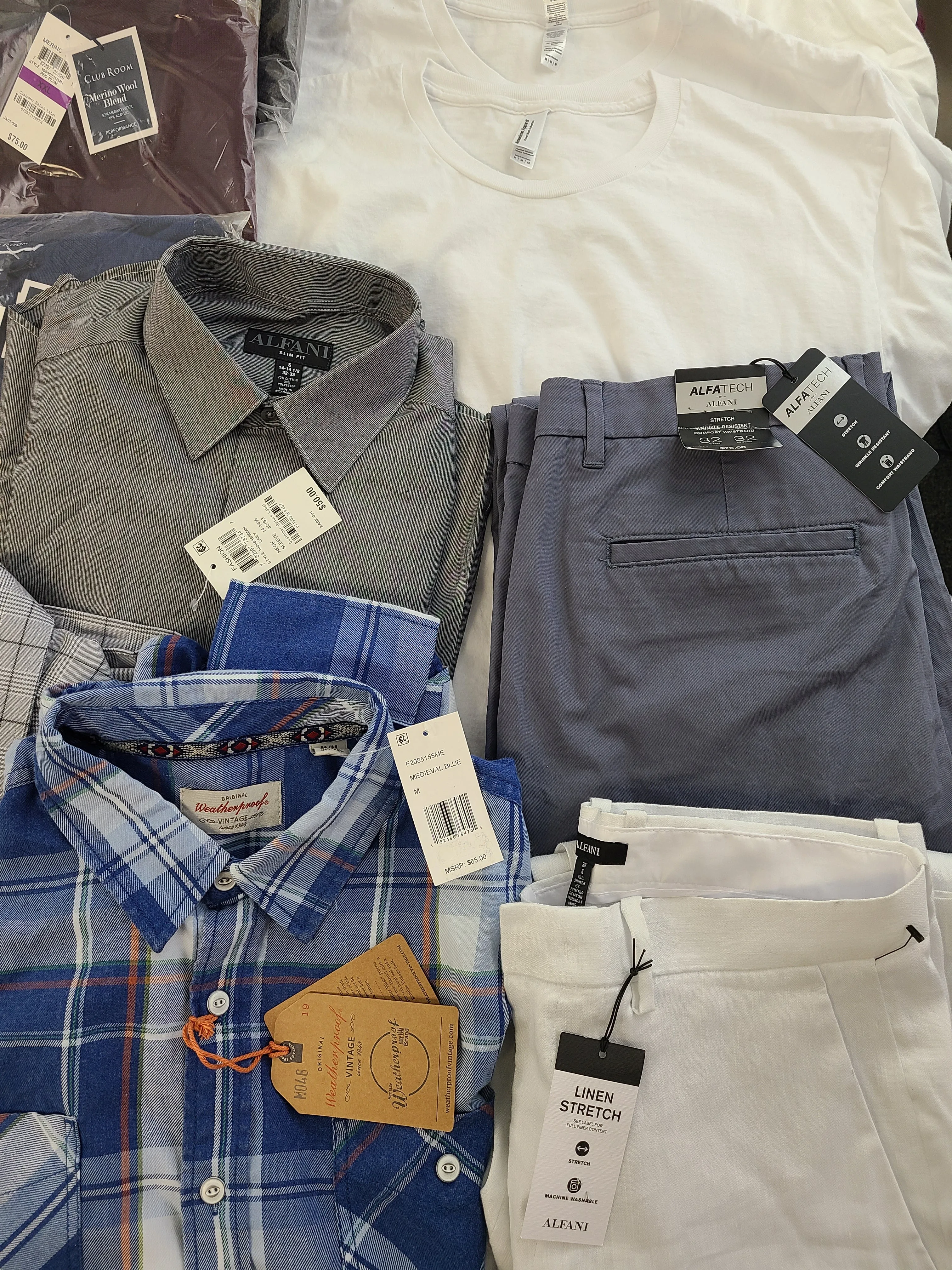 Men's Clothing Wholesale Lot Calvin Klein, Levi's, Adidas, Weatherproof Vintage, Tasso Elba, American Apparel, Club Room, INC and more, 25 Units, Shelf Pulls, MSRP $1,706.48