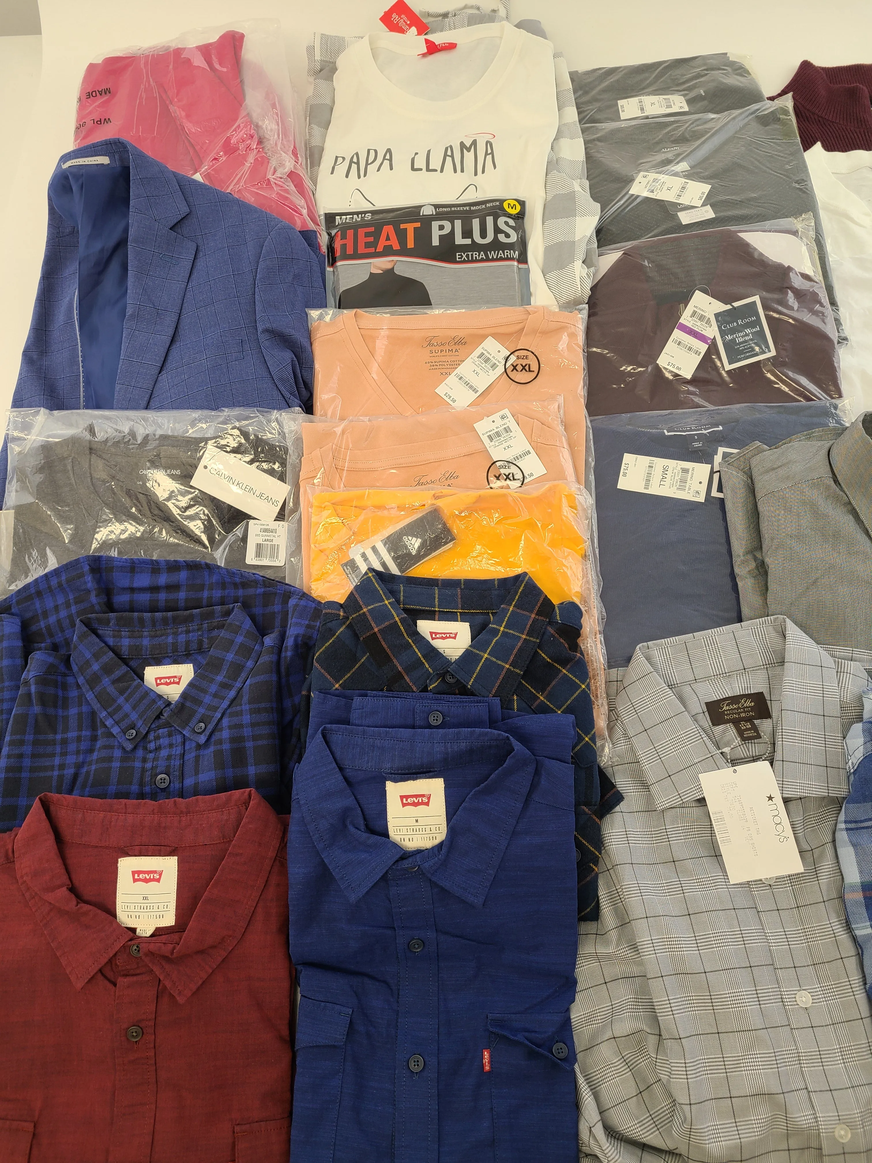 Men's Clothing Wholesale Lot Calvin Klein, Levi's, Adidas, Weatherproof Vintage, Tasso Elba, American Apparel, Club Room, INC and more, 25 Units, Shelf Pulls, MSRP $1,706.48
