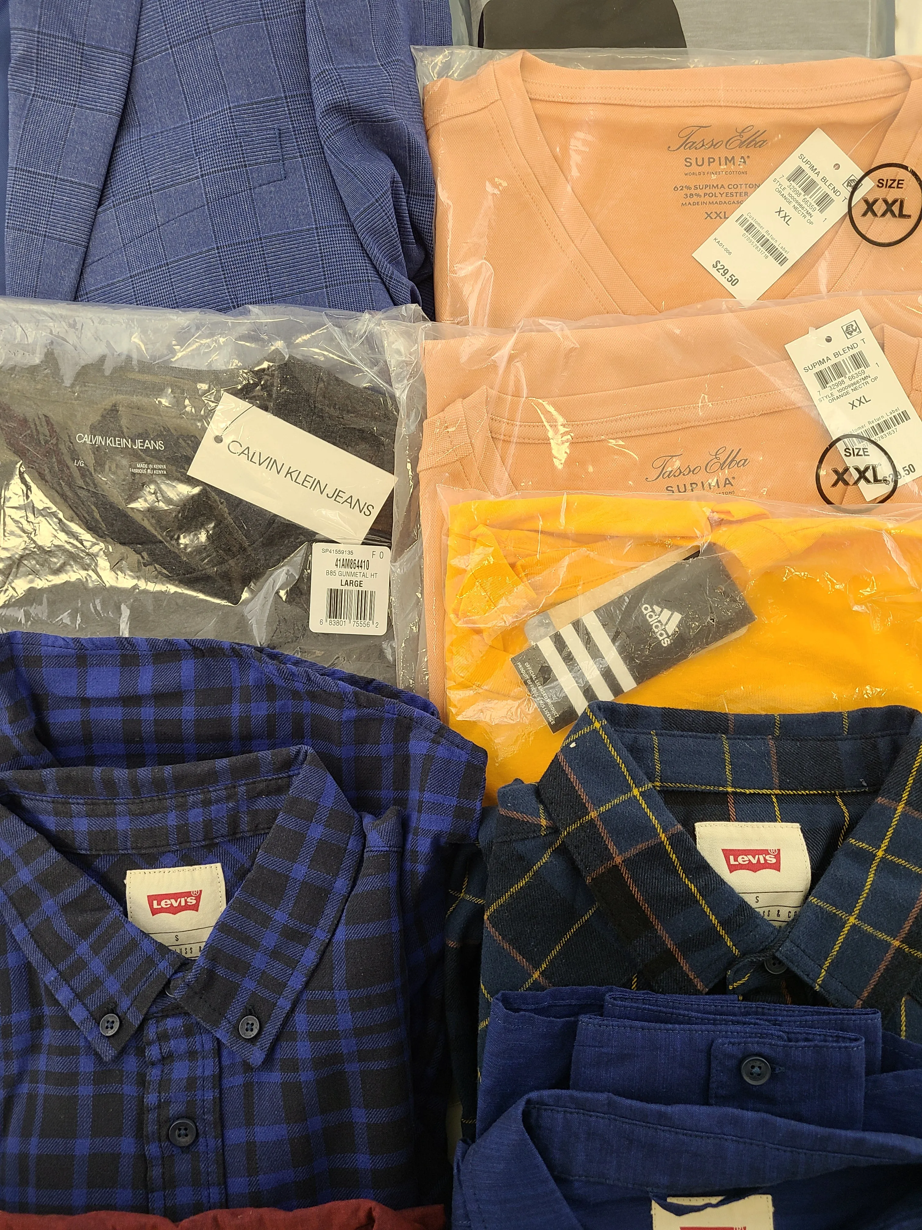 Men's Clothing Wholesale Lot Calvin Klein, Levi's, Adidas, Weatherproof Vintage, Tasso Elba, American Apparel, Club Room, INC and more, 25 Units, Shelf Pulls, MSRP $1,706.48