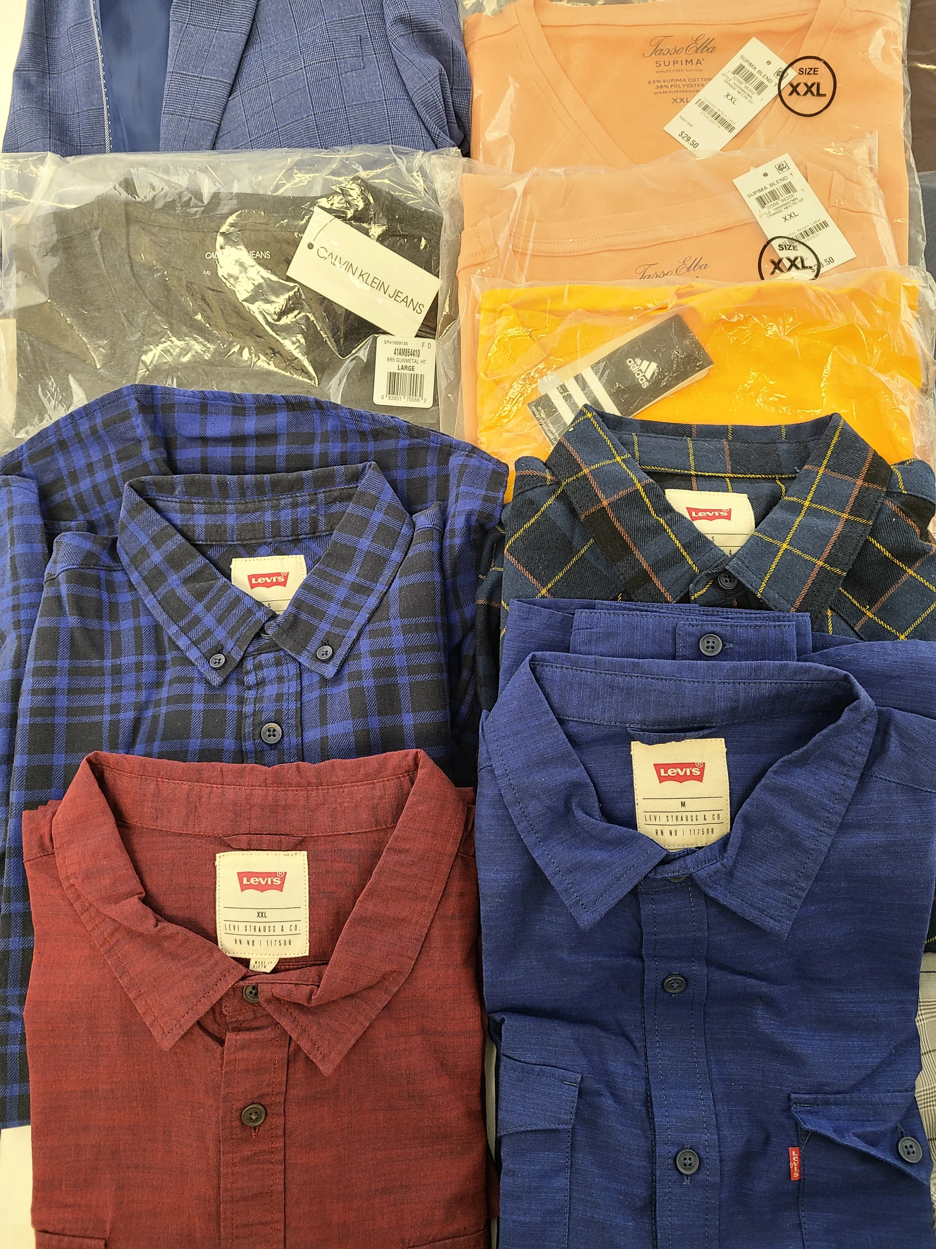 Men's Clothing Wholesale Lot Calvin Klein, Levi's, Adidas, Weatherproof Vintage, Tasso Elba, American Apparel, Club Room, INC and more, 25 Units, Shelf Pulls, MSRP $1,706.48