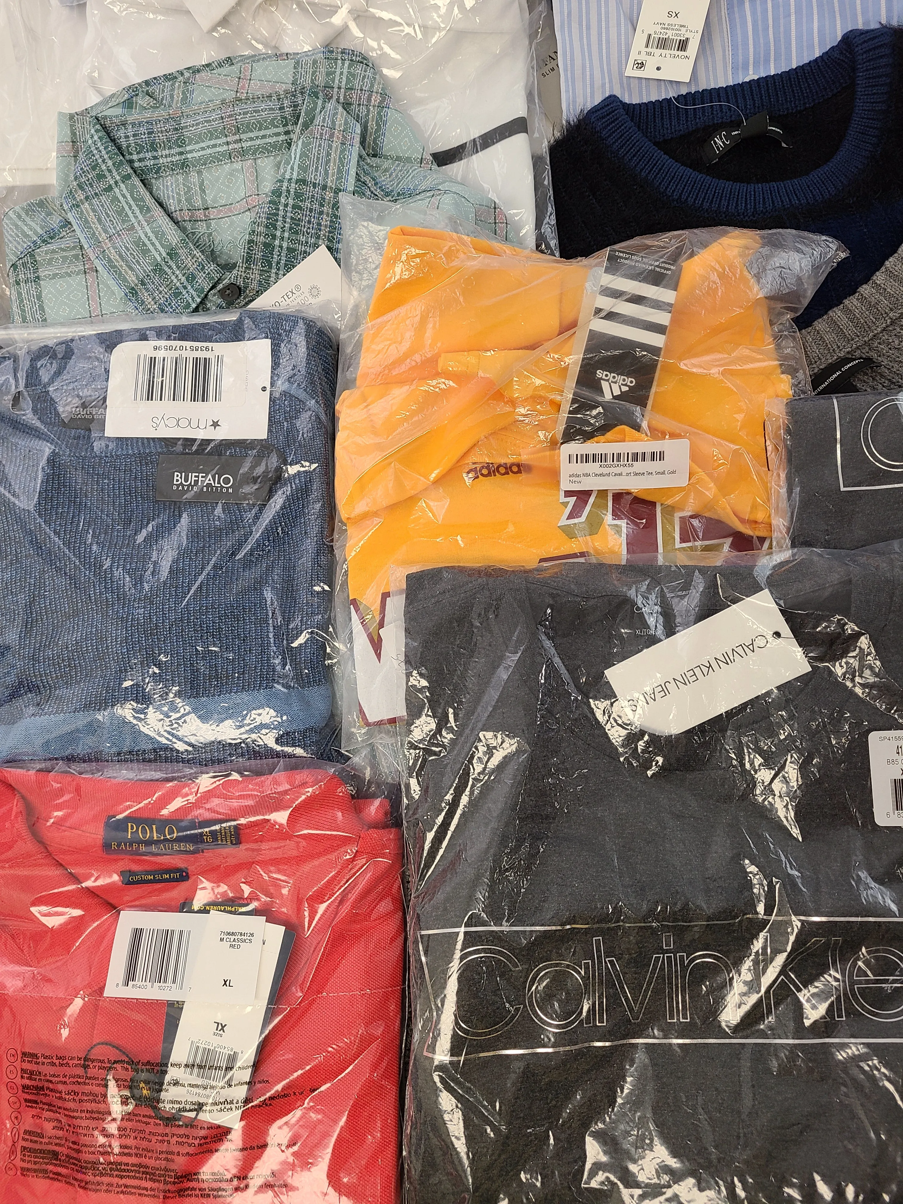 Men's Clothing Wholesale Lot  Polo Ralph Lauren, Calvin Klein, Adidas, Tasso Elba, Buffalo Jeans, American Apparel, INC and more, 25 Units, Shelf Pulls, MSRP $1,768.49