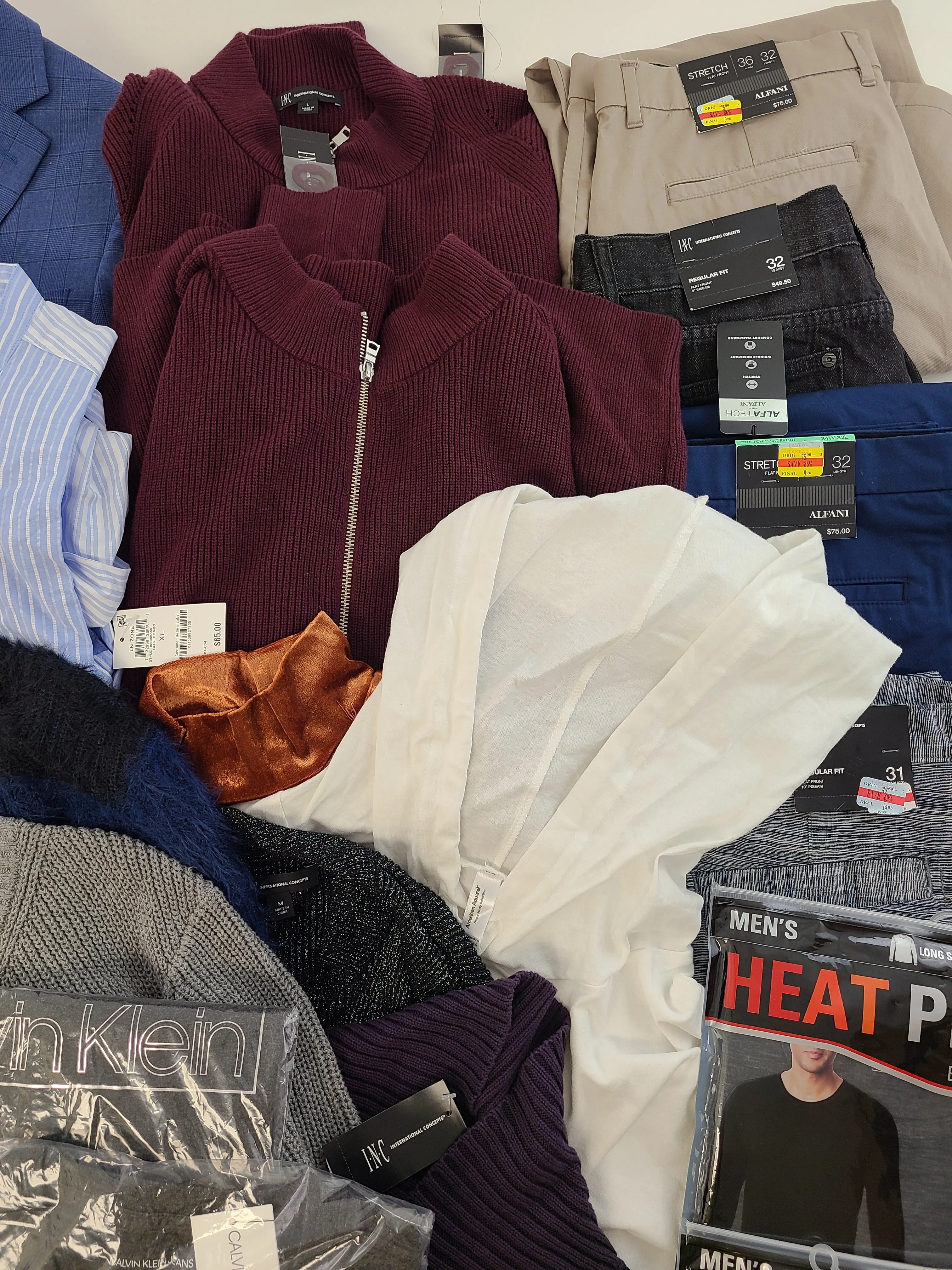 Men's Clothing Wholesale Lot  Polo Ralph Lauren, Calvin Klein, Adidas, Tasso Elba, Buffalo Jeans, American Apparel, INC and more, 25 Units, Shelf Pulls, MSRP $1,768.49