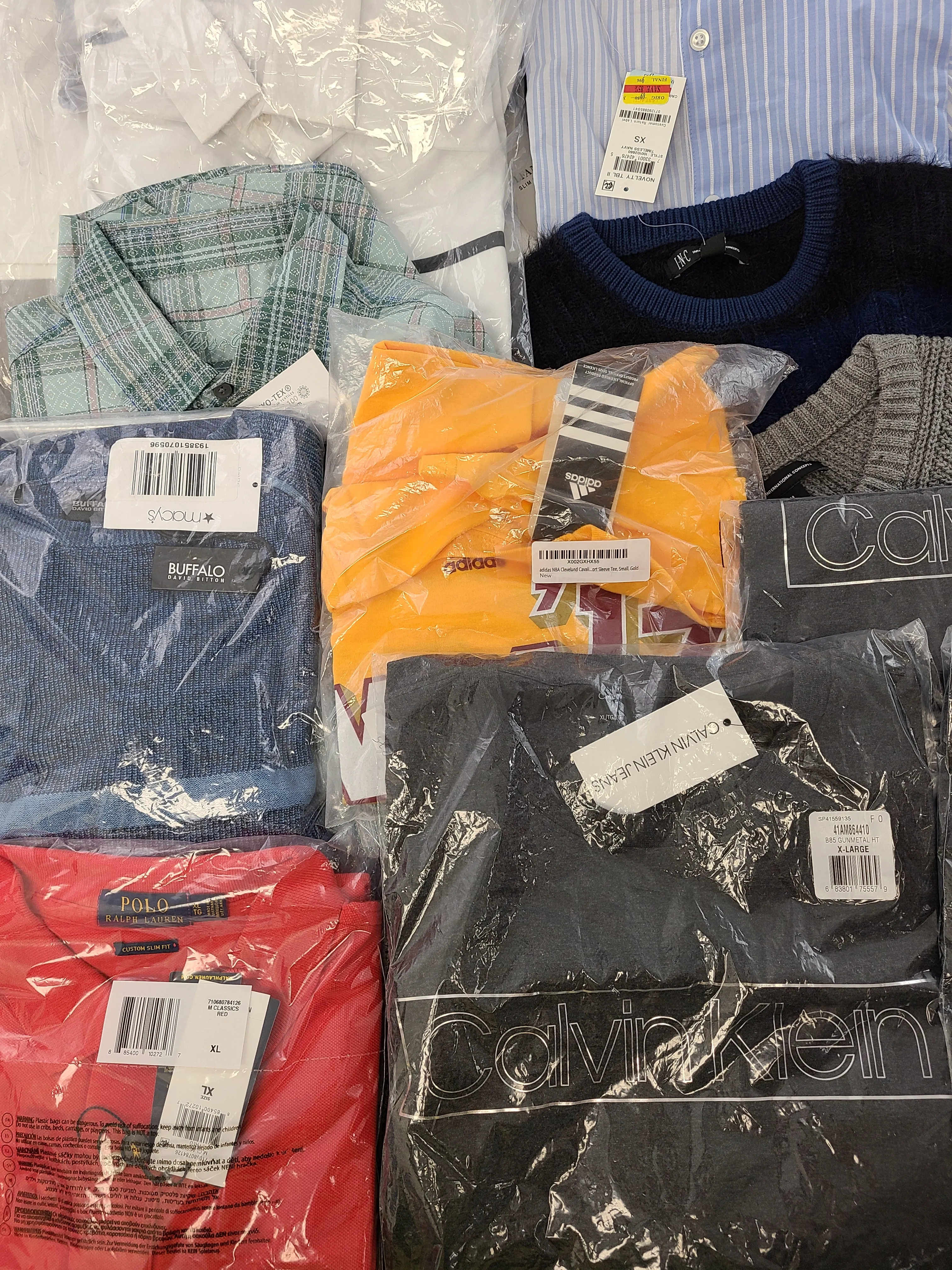 Men's Clothing Wholesale Lot  Polo Ralph Lauren, Calvin Klein, Adidas, Tasso Elba, Buffalo Jeans, American Apparel, INC and more, 25 Units, Shelf Pulls, MSRP $1,768.49