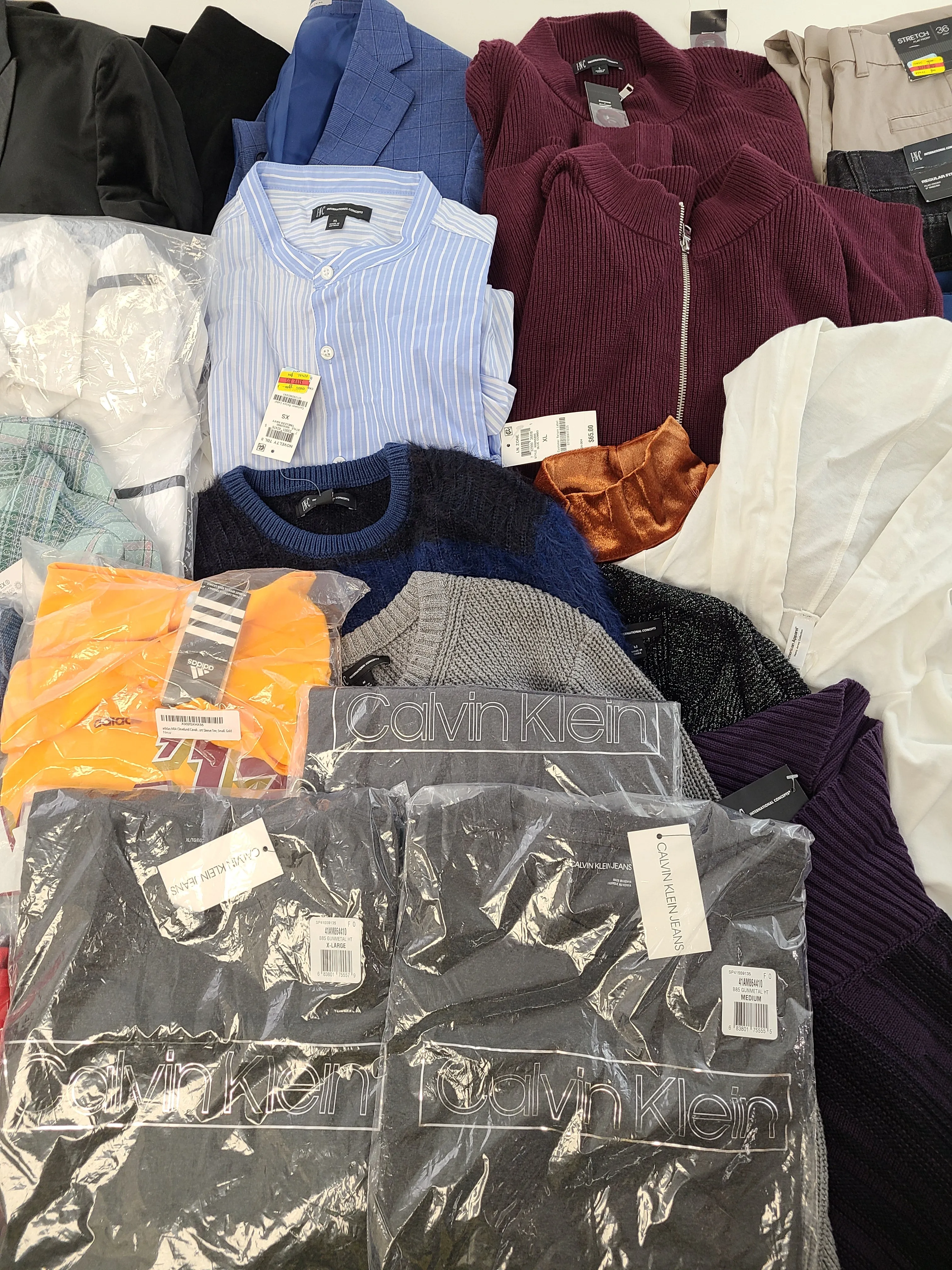 Men's Clothing Wholesale Lot  Polo Ralph Lauren, Calvin Klein, Adidas, Tasso Elba, Buffalo Jeans, American Apparel, INC and more, 25 Units, Shelf Pulls, MSRP $1,768.49