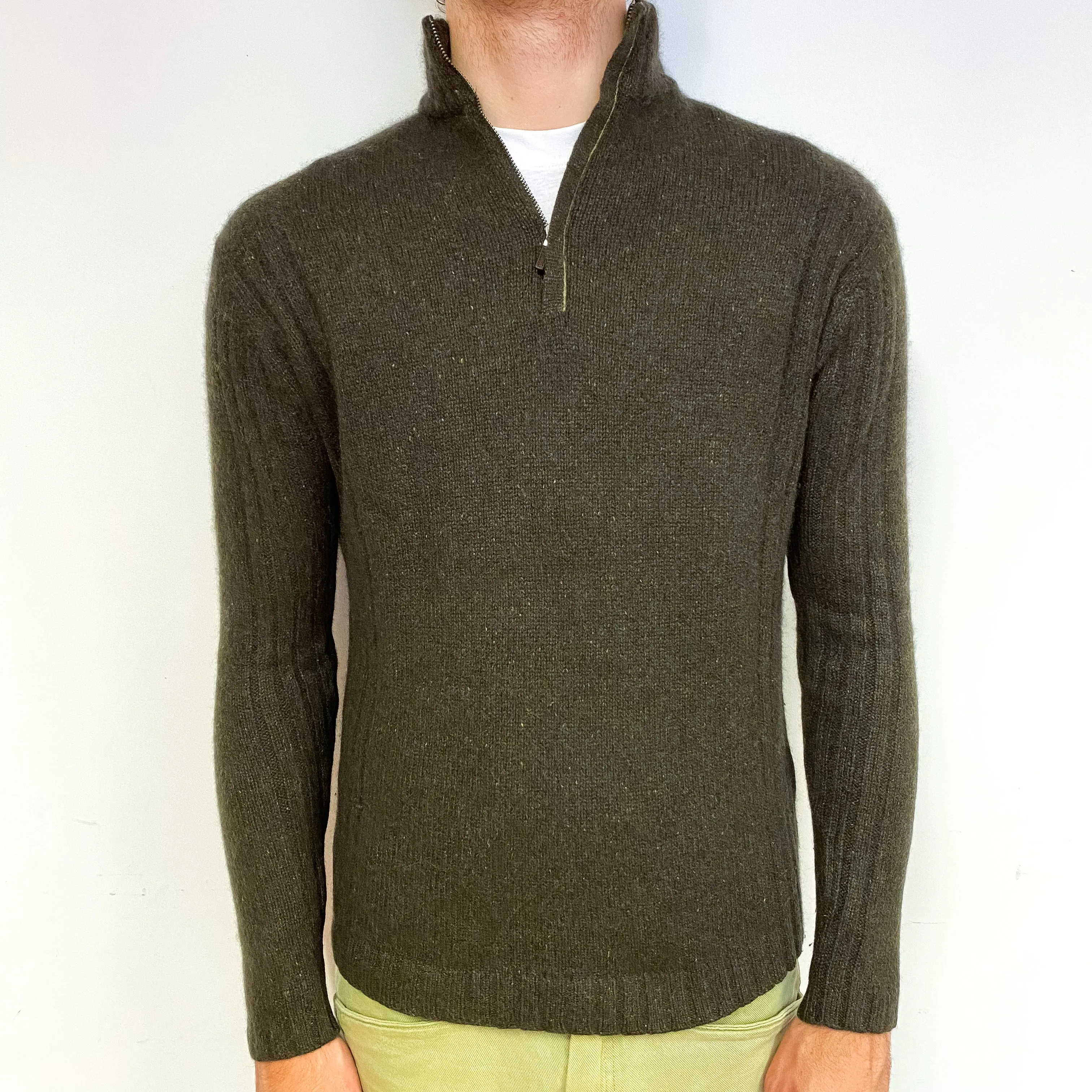 Men's Khaki Brown Chunky Cashmere 1/4 Zip Jumper Medium