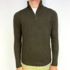 Men's Khaki Brown Chunky Cashmere 1/4 Zip Jumper Medium