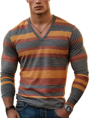 Men's V-Neck Retro Contrast Striped Casual Long-Sleeved T-Shirt