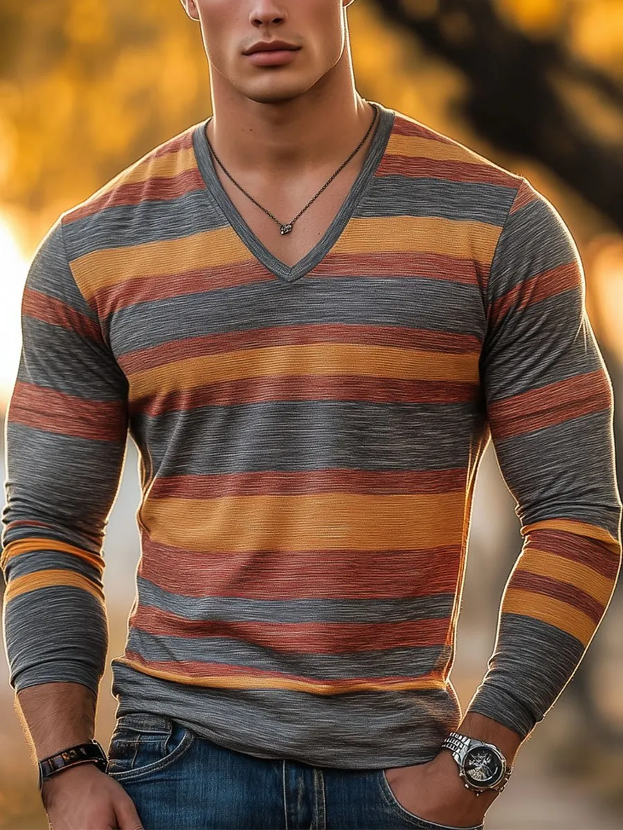 Men's V-Neck Retro Contrast Striped Casual Long-Sleeved T-Shirt