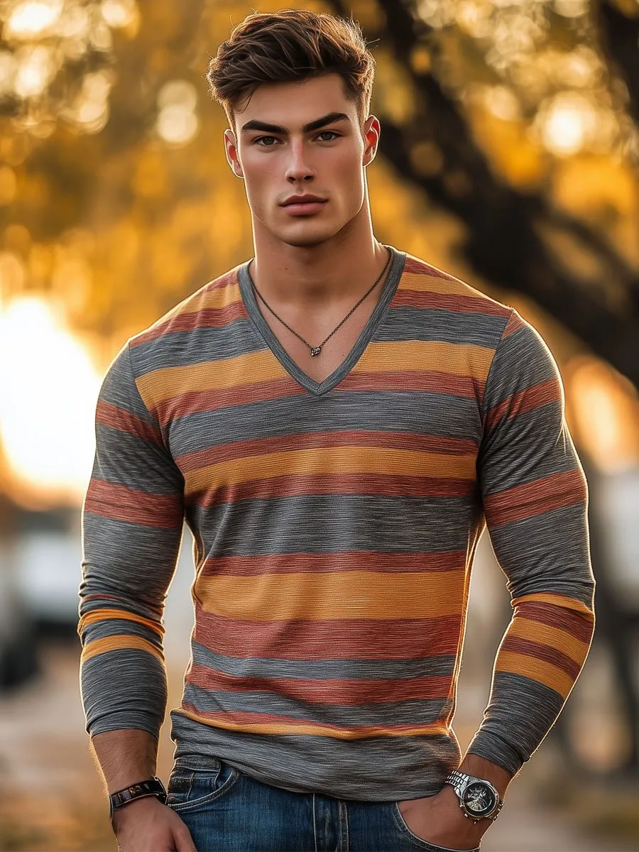 Men's V-Neck Retro Contrast Striped Casual Long-Sleeved T-Shirt