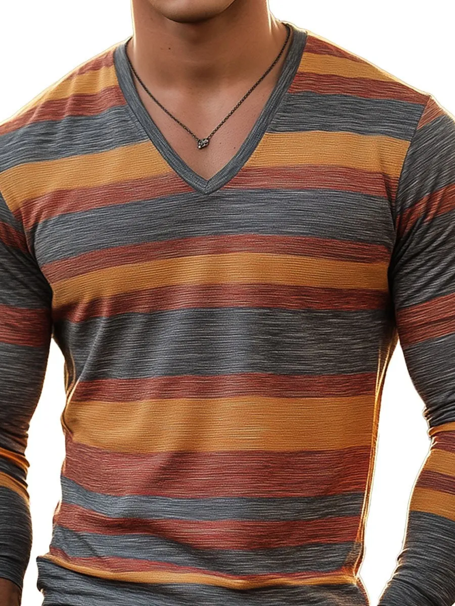 Men's V-Neck Retro Contrast Striped Casual Long-Sleeved T-Shirt